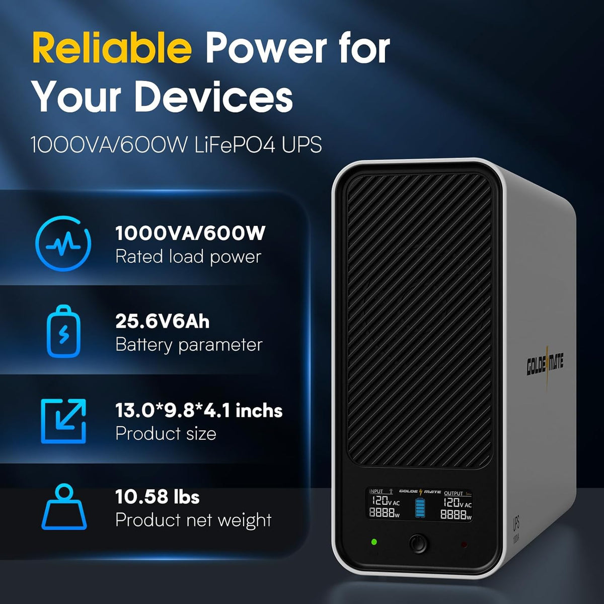 GOLDENMATE 1000VA/600W Lithium UPS Battery Backup & Surge Protector, White