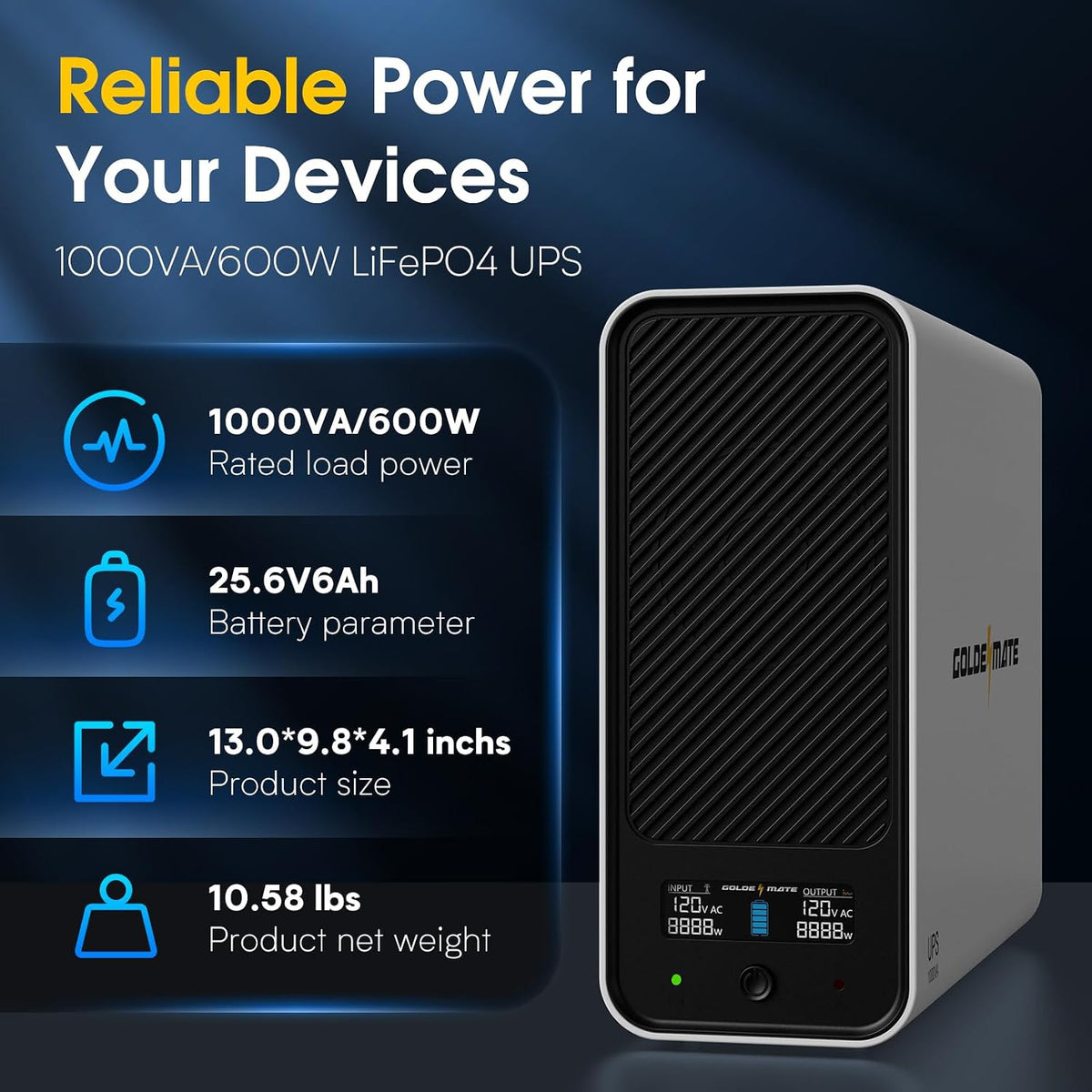 GOLDENMATE 1000VA/600W Lithium UPS Battery Backup & Surge Protector, White