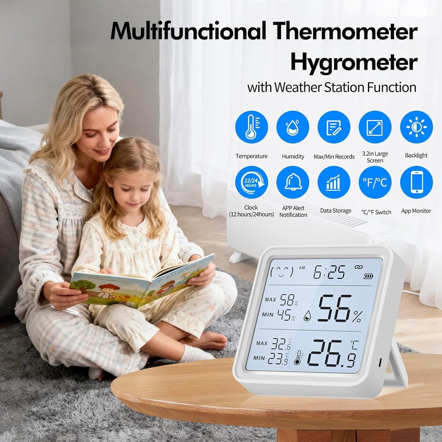 eMylo WiFi Thermometer Hygrometer, Smart Wireless Indoor Temperature Humidity Monitor with Remote App Alerts, 3.2” Backlit Display, Alexa Google Compatible, Data Export for Home Greenhouse Bedroom