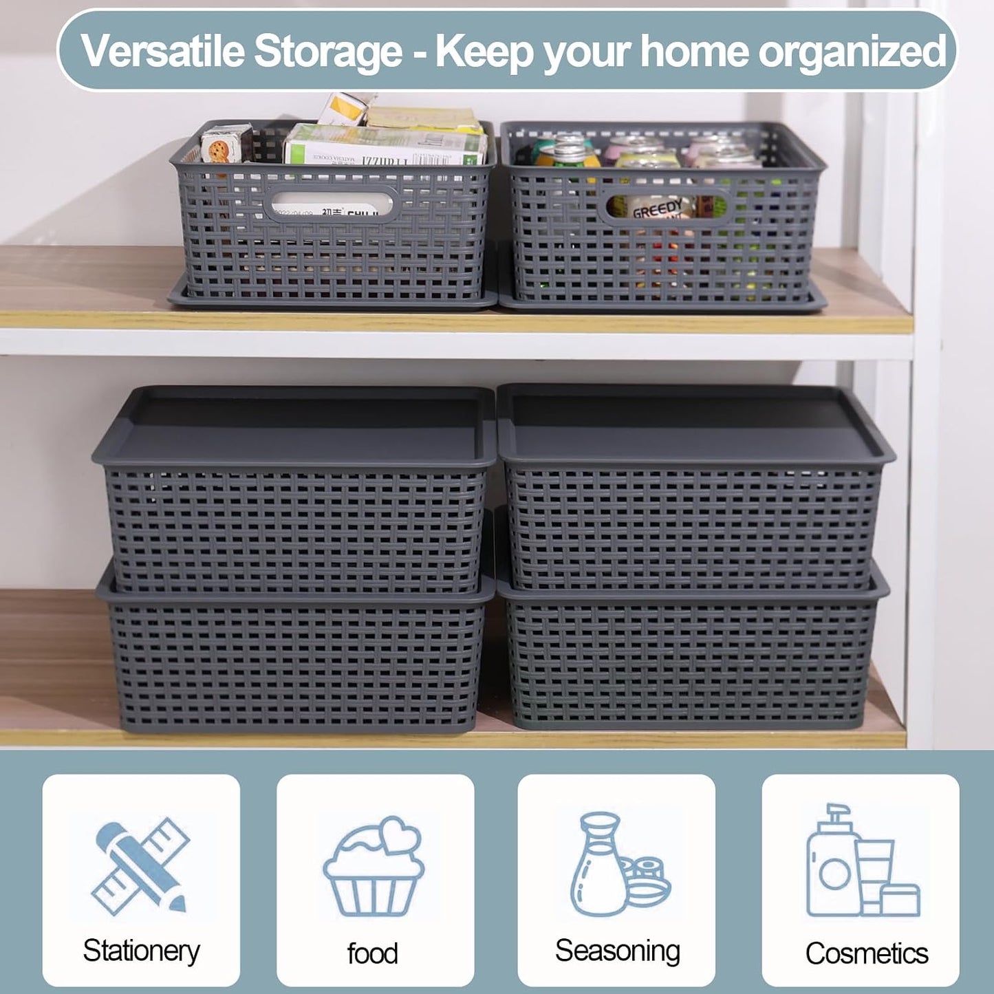 6 Pack Plastic Storage Bins with Lids, Stackable Storage Baskets with Handles, Plastic Organizer Container Bins for Desk,Shelves,Office, Pantry Organizers and Storage, Grey