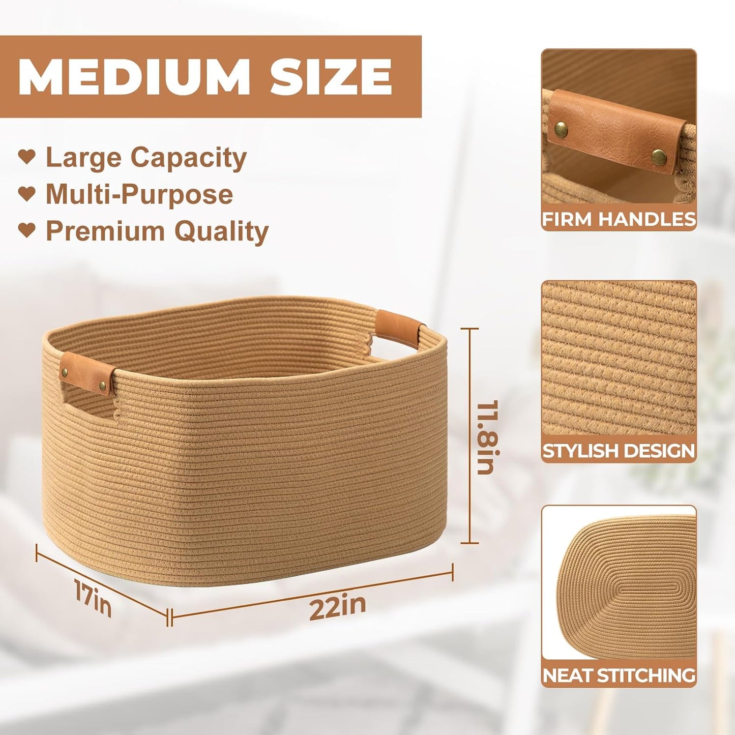danpinera Large Blanket Basket for Living Room, 72 L Woven Cotton Rope Baskets for Kids Toy, Pillows, Towels, Cotton Organizing with leather handle, Storage Bin for Nursery, 22’’*17’’*11.8’’ Jute