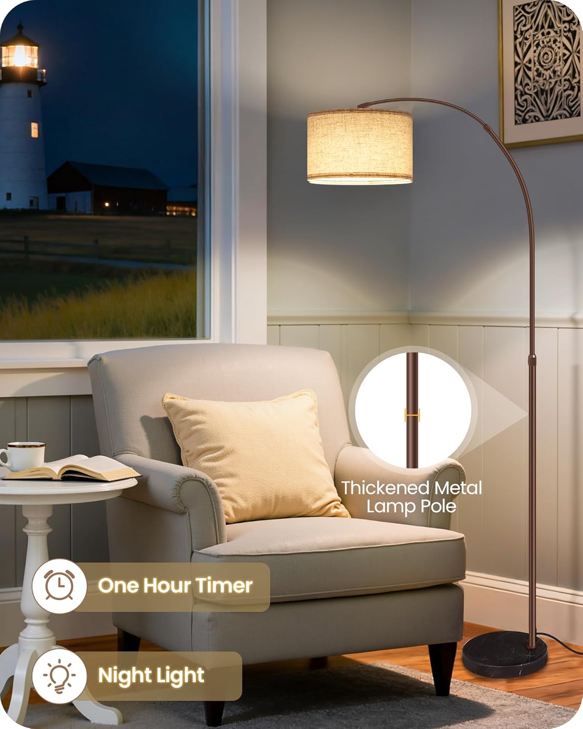 75" Arc Floor Lamp with Marble Base and Adjustable Height, Rotating Hanging Shade, Dimmable Floor Lamp for Living Room with Remote and Foot Switch, 3CCT, Over Couch Arched Light, Beige Brown VE15LD05