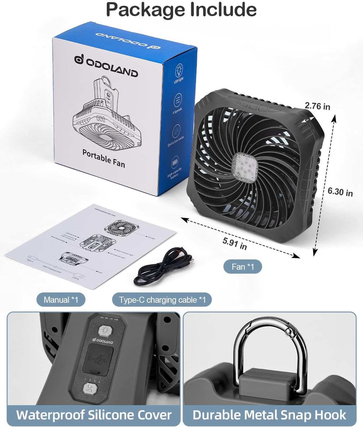 Odoland Portable Camping Fan with LED Lantern, 40H Rechargeable Battery Operated Quiet Tent Fan with Hanging Hook for RV Car Beach Outdoor Hurricane Emergency Outages