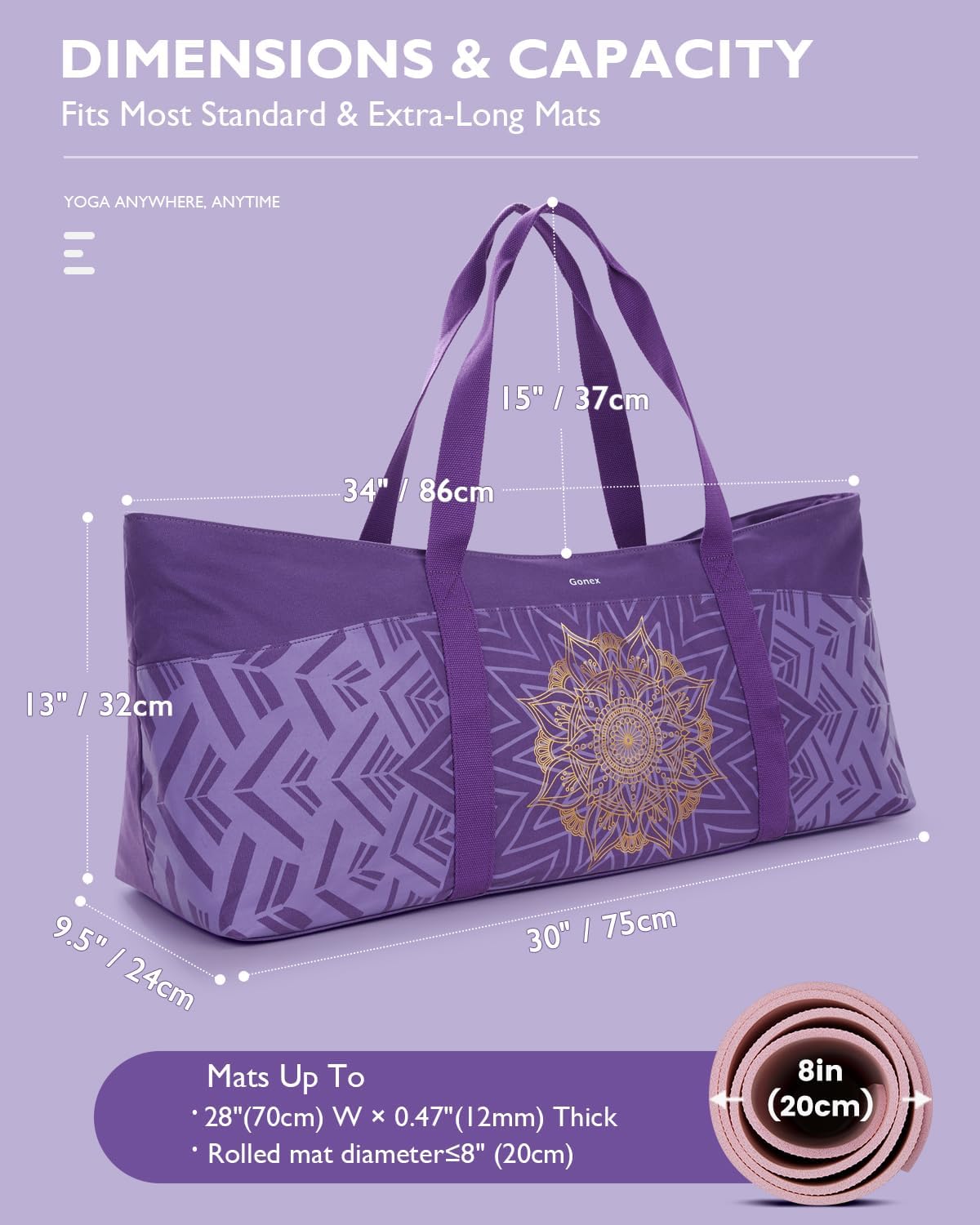 Gonex Yoga Mat Bag For Women, 60L Extra Large Pilates Mat & Blocks Carrier
