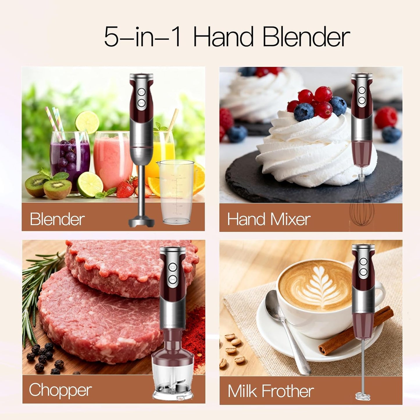 MegaWise 5-in-1 Immersion Hand Blender, Titanium Reinforced Blades (80% Sharper), 12-Speed Powerful Stick Blender with 500ml Chopper, 600ml Beaker, Whisk & Milk Frother for Smoothies, Baby Food & Soup