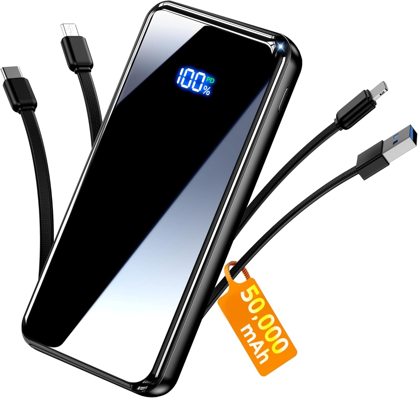 Portable Charger,50000mAh Power Bank Built-in Cable, 22.5W PD USB C In & Out Fast Charging, External Battery Pack with 6 Output & 2 Input, Travel Camping Essential for iPhone 17/16/15/14/13/12(Onyx)