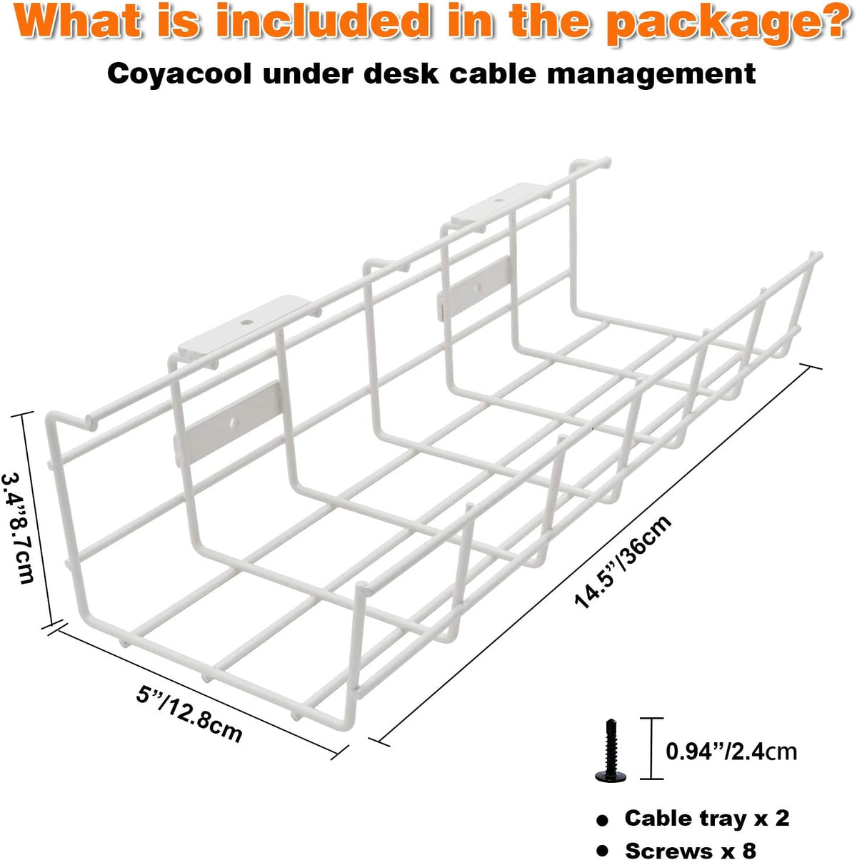Under Desk Cable Tray - 2 Pack Cable Raceway for Wire Management. Metal Wire Organizer for Office, Studio and Home. Super Sturdy Cord Organizer for Desk - White Cable Management Under Desks
