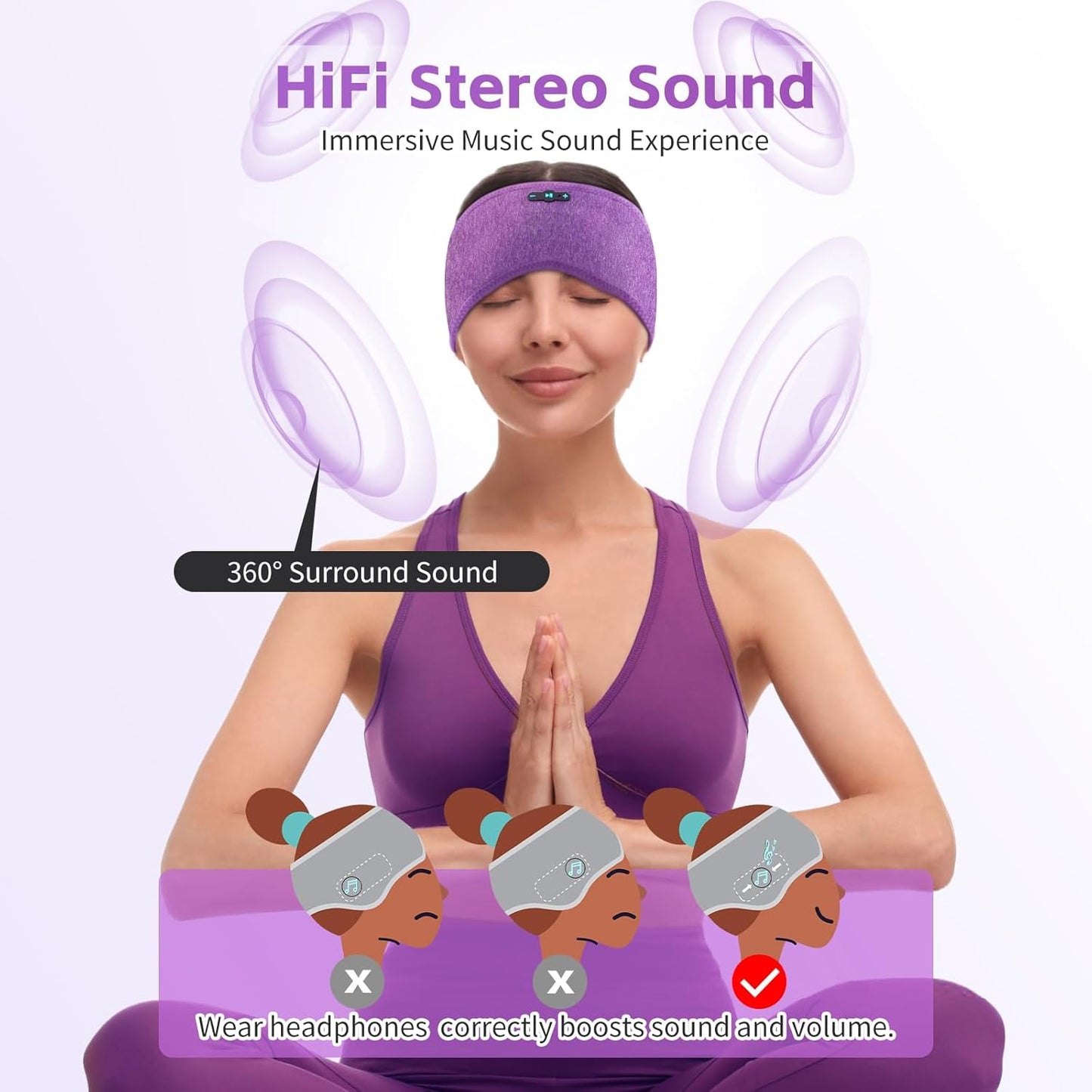 Sleep Headphones Bluetooth 6.0 Headband, 20Hr Headband Headphones with HD Stereo Speakers, Sports Wireless Earphones for Side Sleepers Workout Yoga Travel Meditation, Gifts for Women Men,Purple