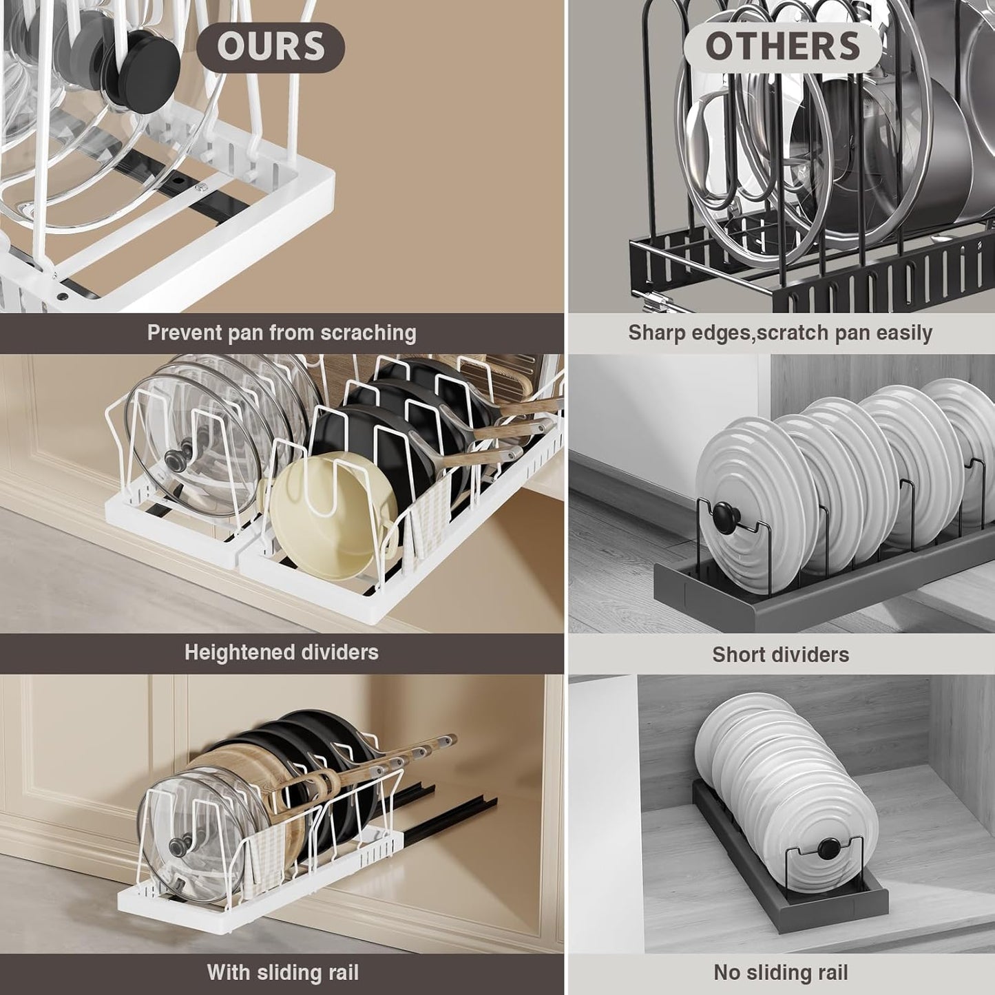 Magheo 2 Pack Pots and Pans Organizer Under Cabinet, 22" Deep Expandable Pull Out Pot Lid Organizer and Storage with 10 Adjustable Dividers No Drill Pot and Pan Holder Rack with Handle Bracket(White)