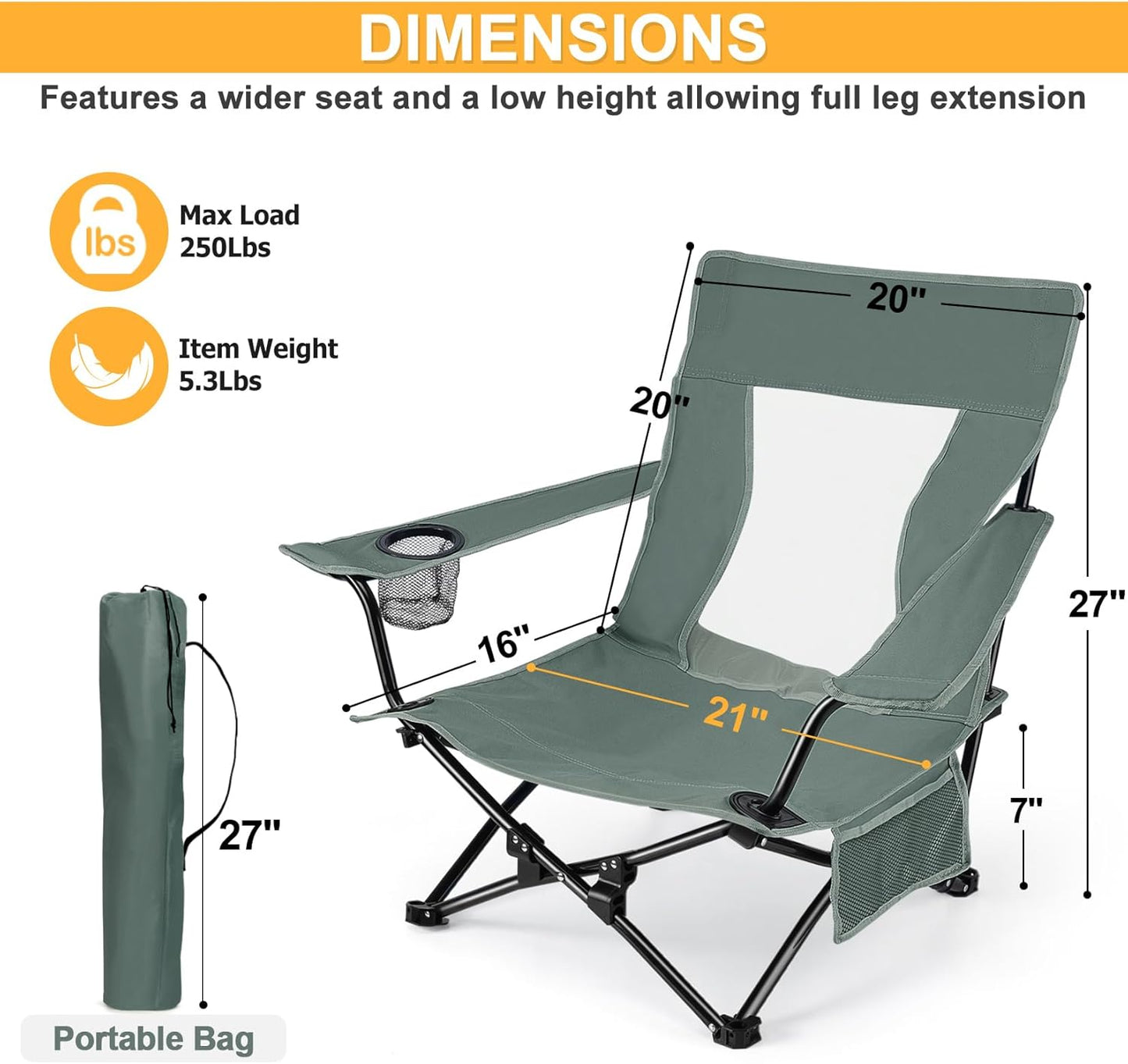 Joyfair Beach Camping Chair (2 Pack), Outdoor Folding Chair for Adults, Heavy Duty Portable Chair for Outside Fishing, Lawn, Sport, Patio, Armrest Cup Holder & Storage Pocket, Carry Bag (Grey)