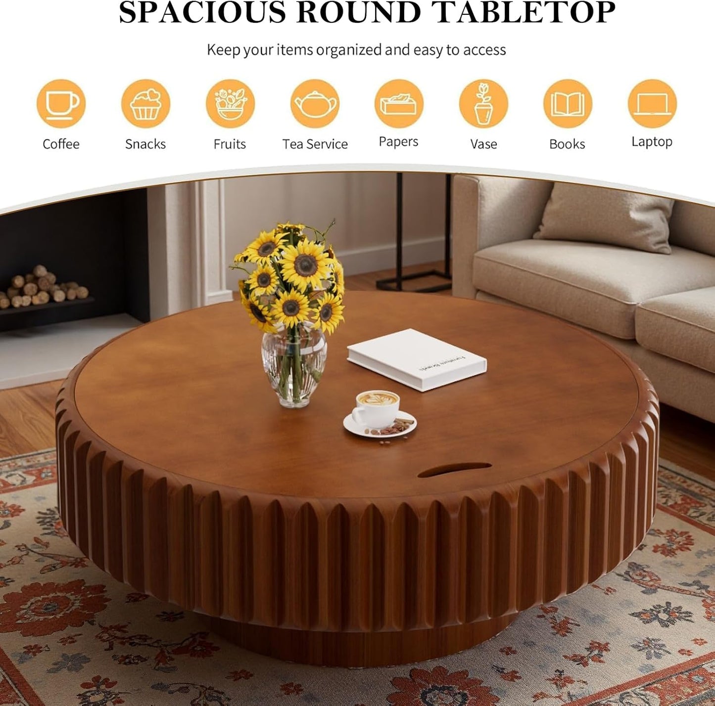 31.5" Round Drum Fluted Coffee Table (L31.5IN) | Mid-Century Modern, Easy Assembly, Sturdy Pedestal, Center Tables for Apartment Living Room