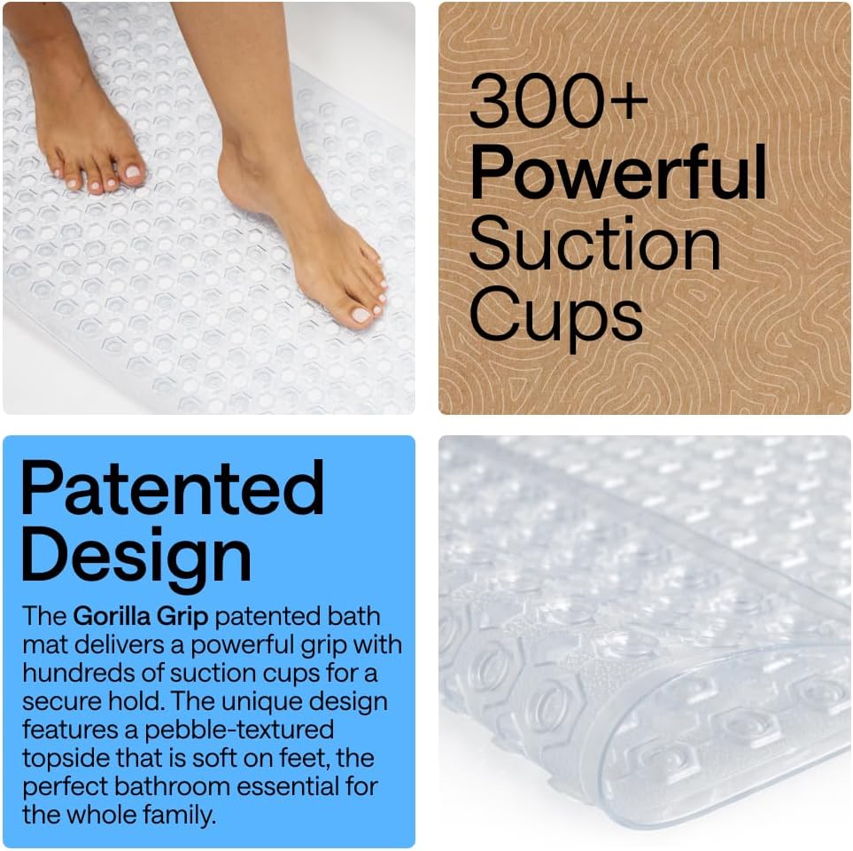 GORILLA GRIP Patented Bath Tub Shower Mat, Machine Washable Bathtub Floor Liner Mats, Suction Cups and Drain Holes to Keep Tubs Clean, Soft on Feet, Bathroom Essentials, 35x16 Inch, Clear
