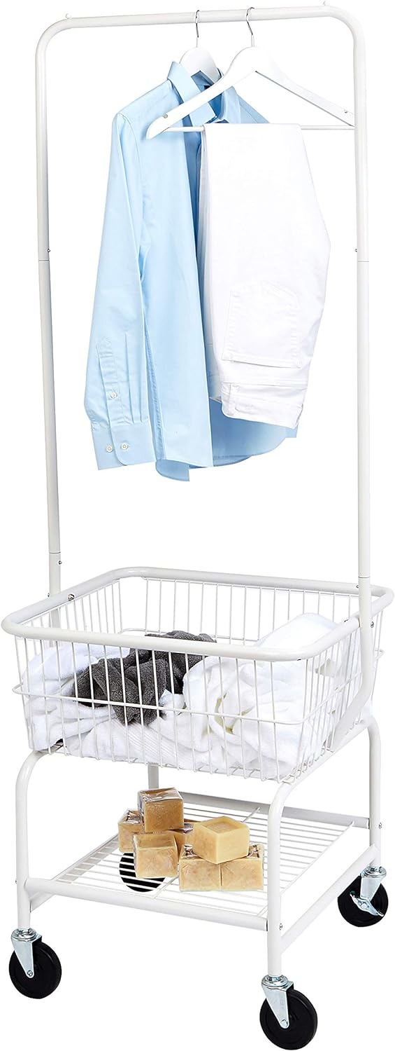 Amazon Basics Rectangular Laundry Hamper Basket Butler Cart with Wheels and Hanging Rack, Sturdy Metal, 71.1 inches Height, White