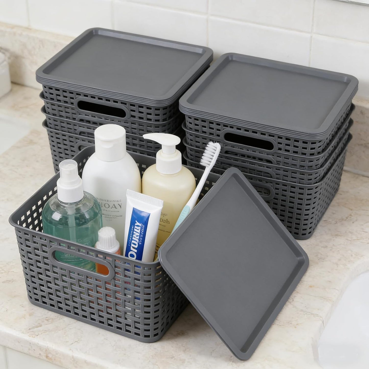 6 Pack Plastic Storage Bins with Lids, Stackable Storage Baskets with Handles, Plastic Organizer Container Bins for Desk,Shelves,Office, Pantry Organizers and Storage, Grey