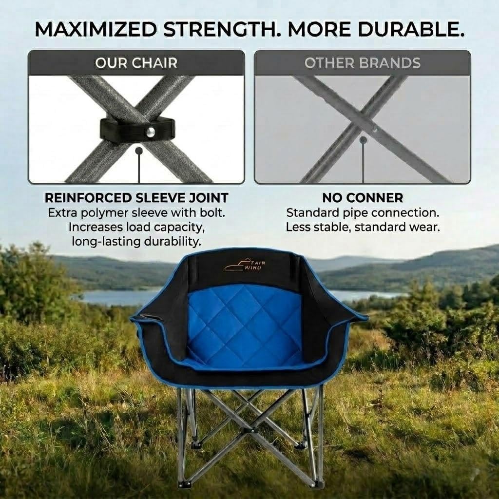 FAIR WIND 2 Pack Oversized Padded Camping Chair Heavy Duty Quad Fold Arm Chair Portable for Outdoor - Support 500LBS, Blue