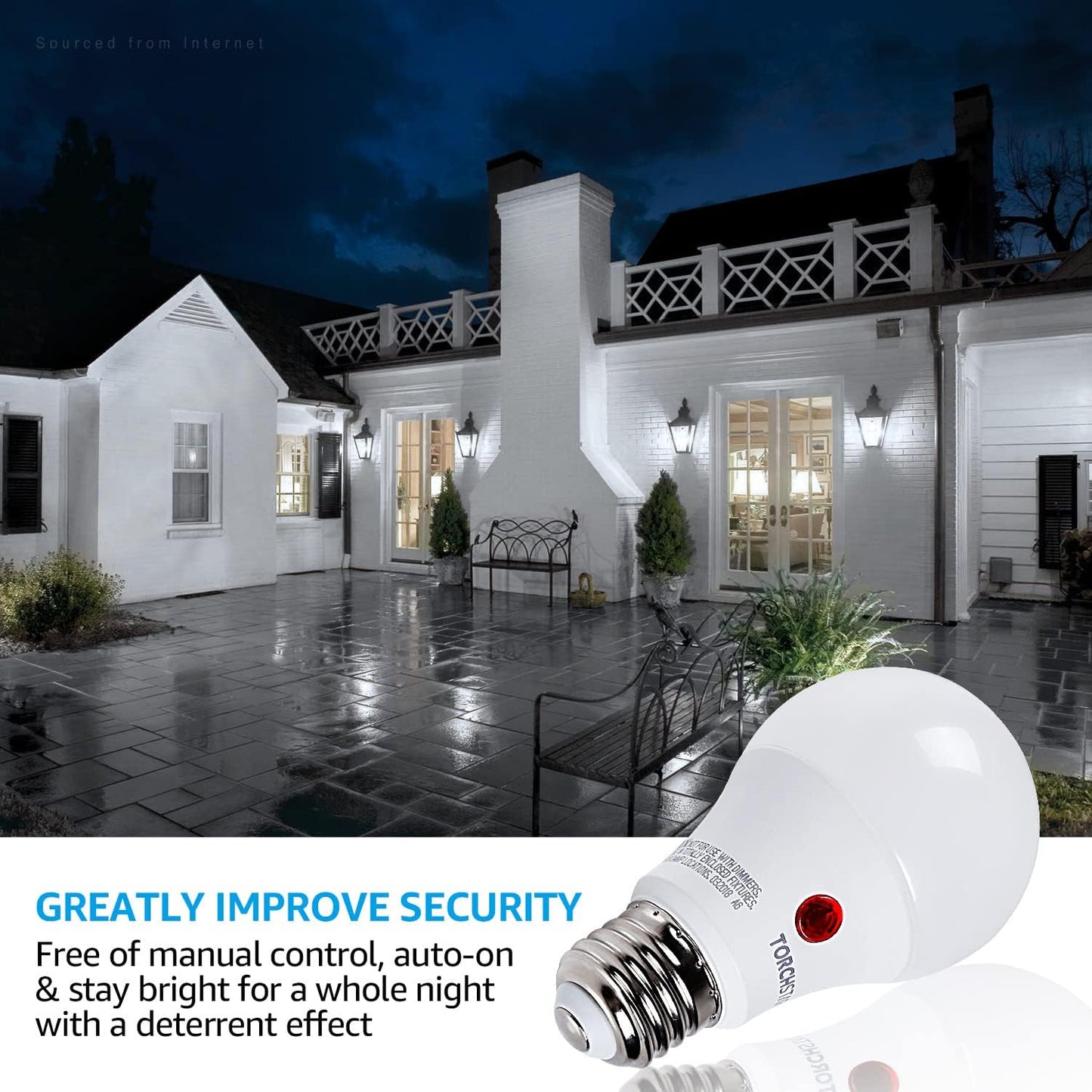 TORCHSTAR Dusk to Dawn Light Bulbs Outdoor, Sensor A19 LED Light Bulb, Auto on/Off Photocell Automatic for Outdoor Lighting, UL FCC DOE, 5000K, Pack of 4