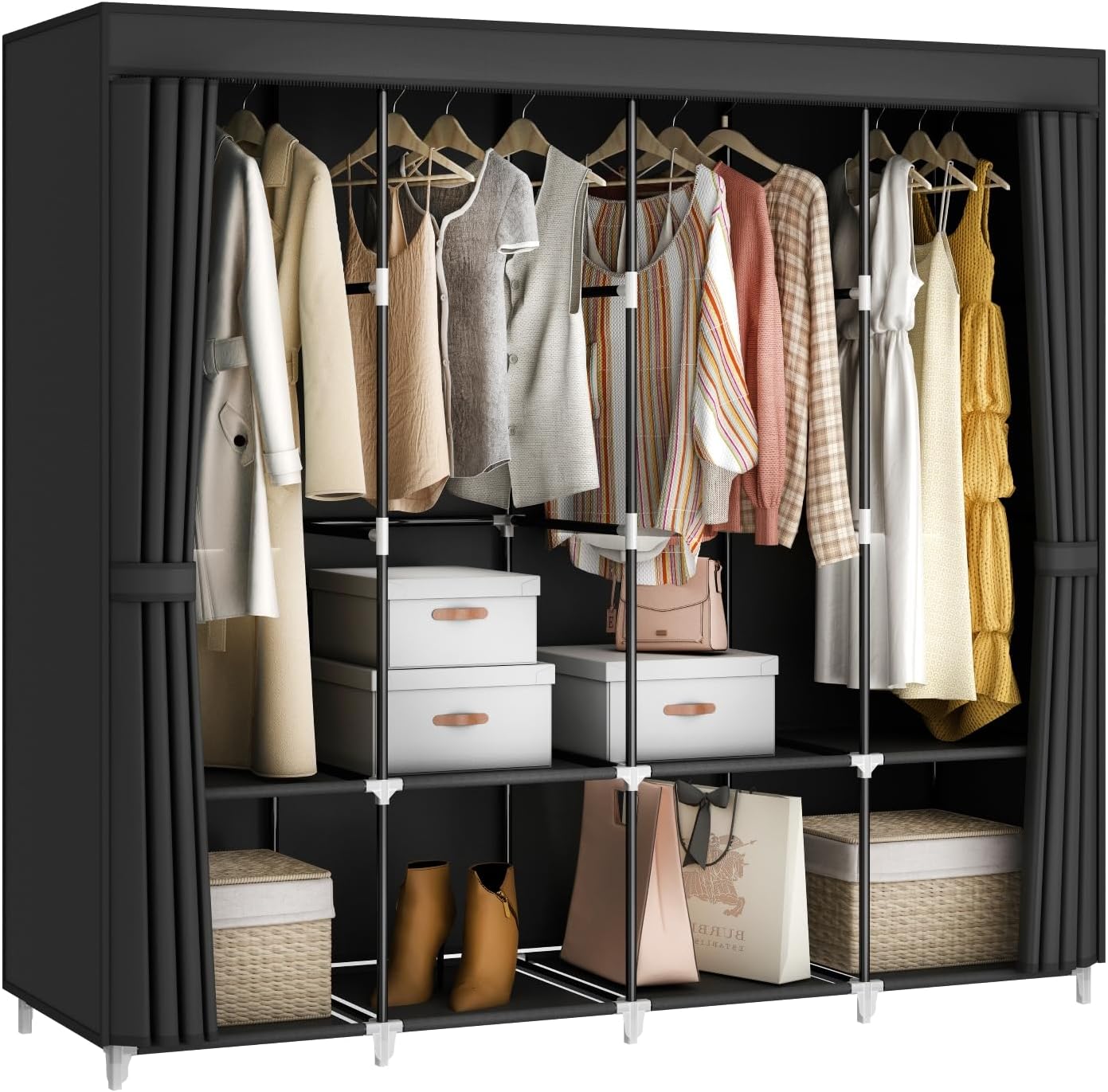 MOGELAFOO Portable Closet Wardrobe, 67-Inch Clothes Organizer with 4 Hanging Rods and 8 Shelves, Non-Woven Fabric Cover, Large Capacity Storage for Bedroom and Living Room, Black