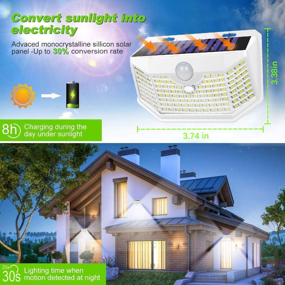 HMCITY 120 LED Solar Lights Outdoor with Motion Sensor and 3 Lighting Modes, IP65 Waterproof Wide Solar Wall Lights Ideal for Garden Patio Yard (Front Button 6Packs, White Shell-Daylight White)