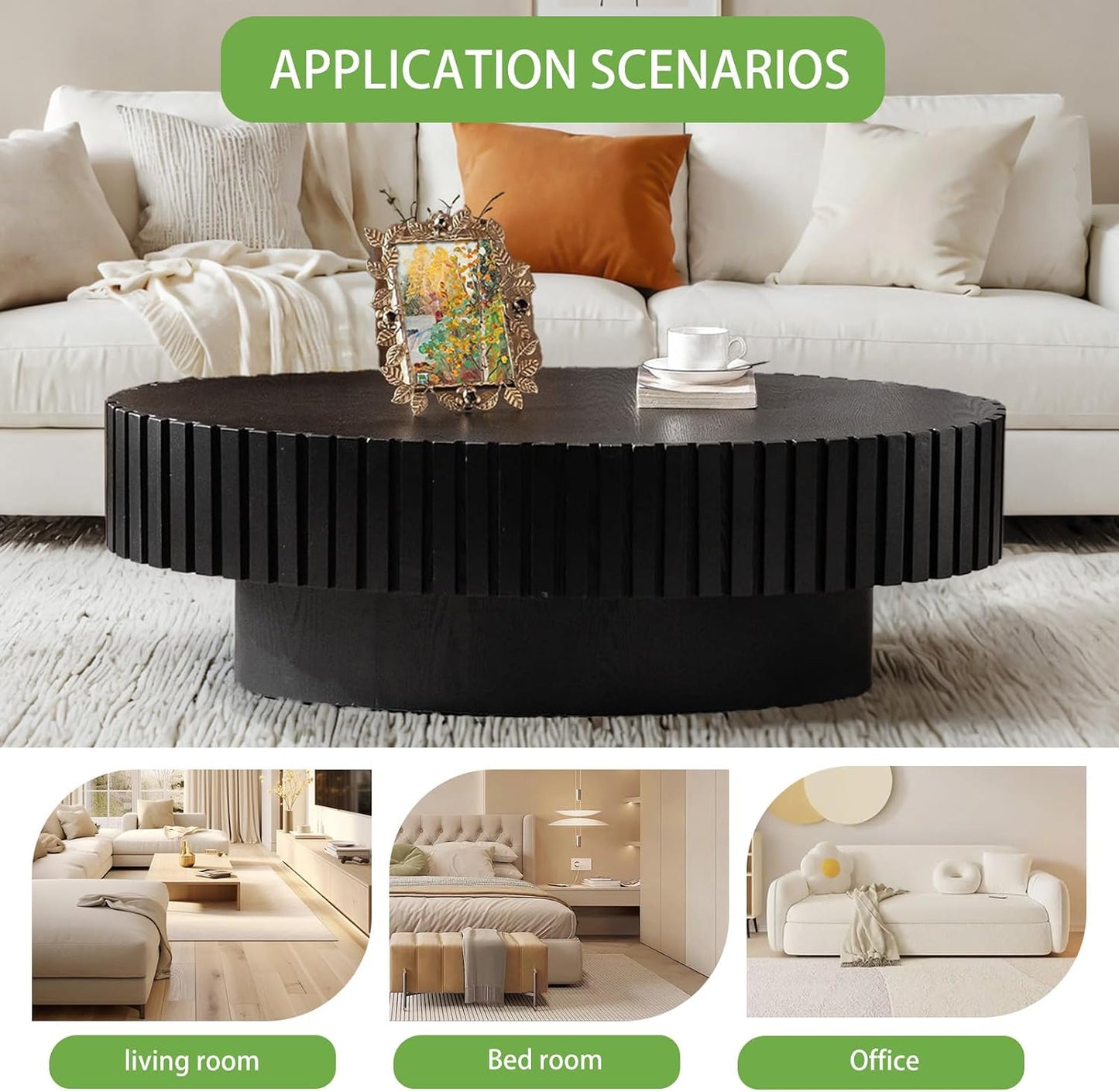 Mid Century Modern Oval Coffee Table for Living Room (Oval Black) | Drum Oval Fluted Wood Coffee Table, Pedestal Center Table for Office Patio