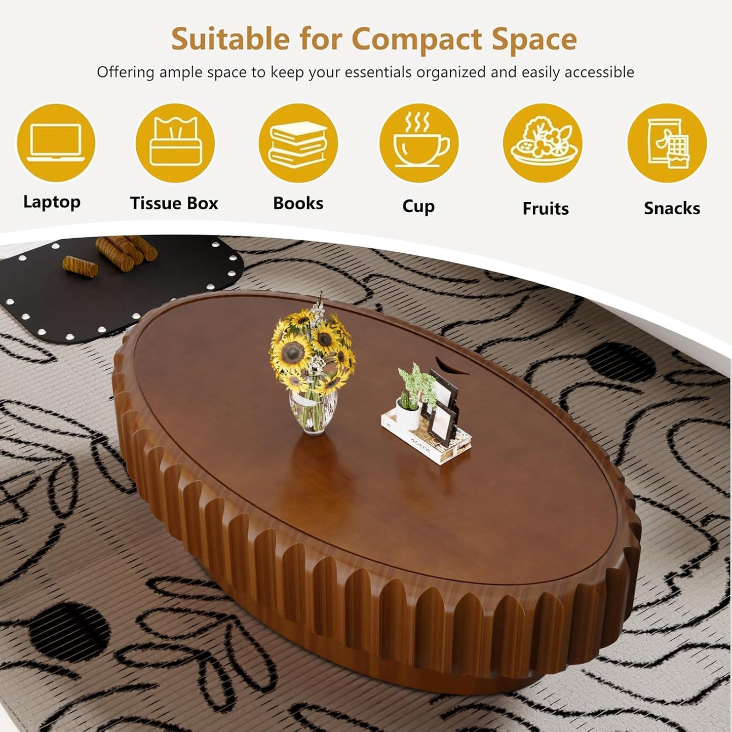 43.3'' Oval Coffee Table with Storage for Living Room, Modern Oval Drum Fluted Coffee Table with Wood Veneered Circle Center Tables for Small Space Apartment (B)