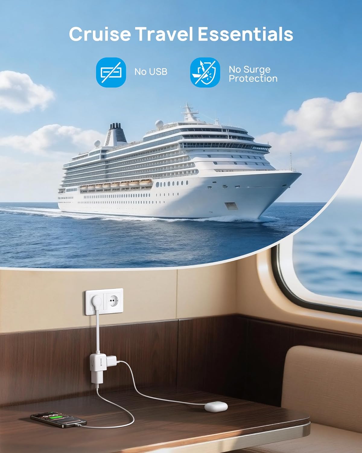 TROND Flat Outlet Extender with 6 Inch Cord - ETL Listed Flat Plug Extension Outlet Splitter Adapter, Electrical 3 Way Multi Wall Plug Extender for Home Office Dorm Room Cruise Ship Travel, White