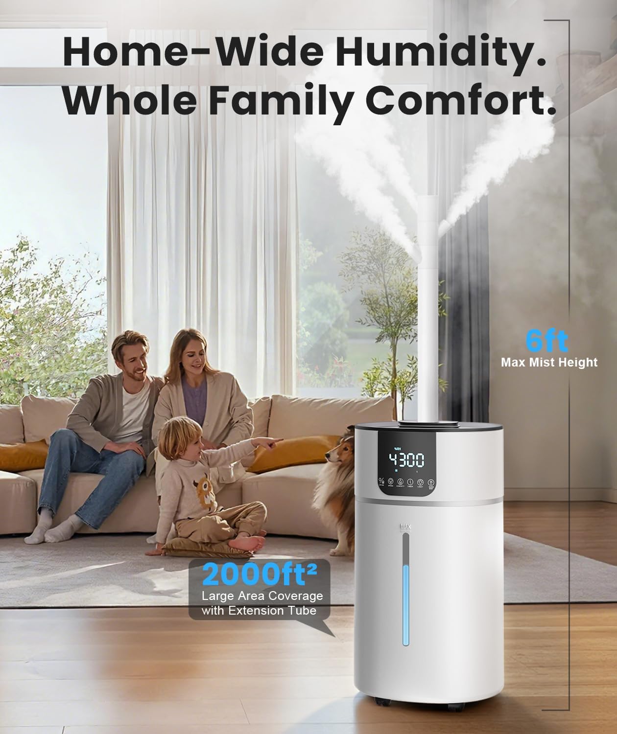 AreShark 4.2 Gal/16L Humidifier Large Room, Cool Warm Mist 2000ft² Whole House Air Humidifiers for Bedroom, Plants, Adults, 60H Runtime, Humidity Setting, Easy to Clean, Top Fill, Extension Tube