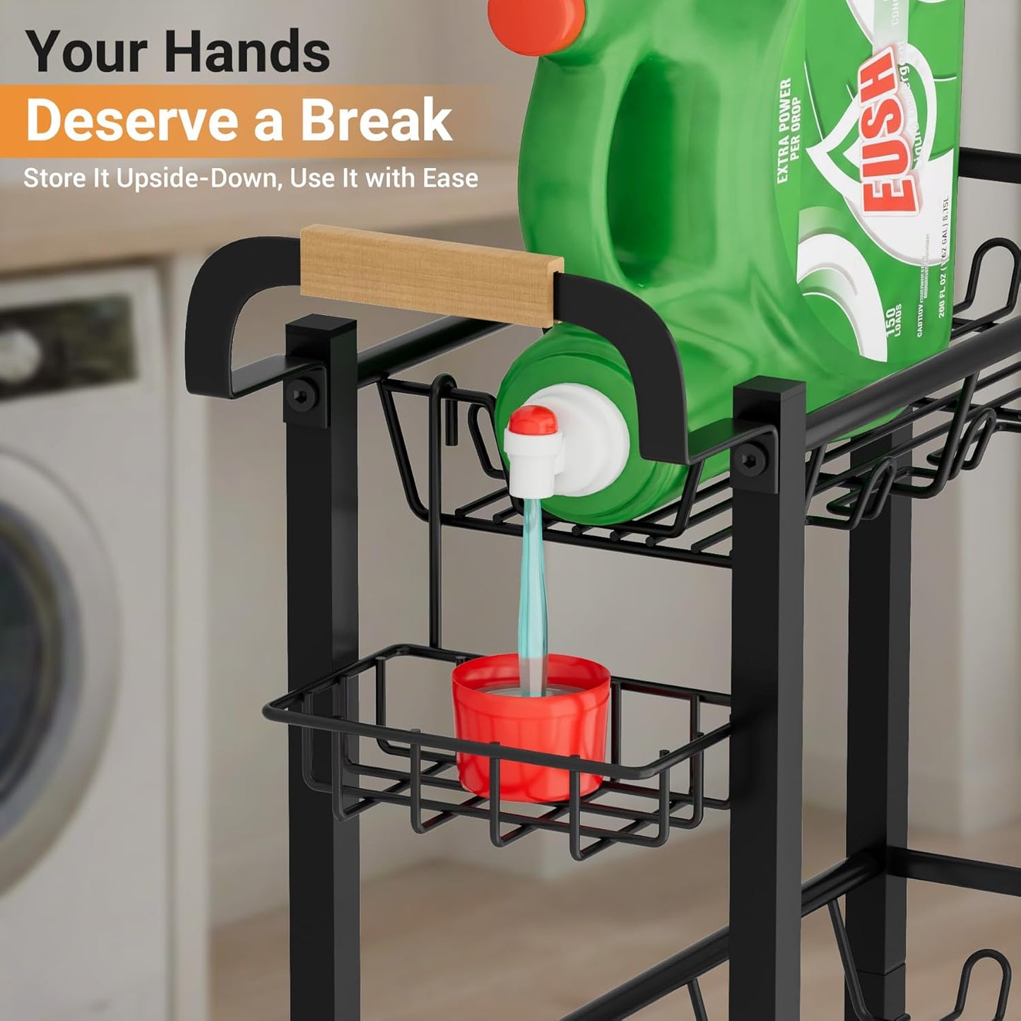 AOODA Laundry Room Cart with Top Detergent Holder, Metal Rolling Storage Cart Between Washer and Dryer, 3 Tier Narrow Laundry Room Organization and Storage with Wheels (Pure Black)