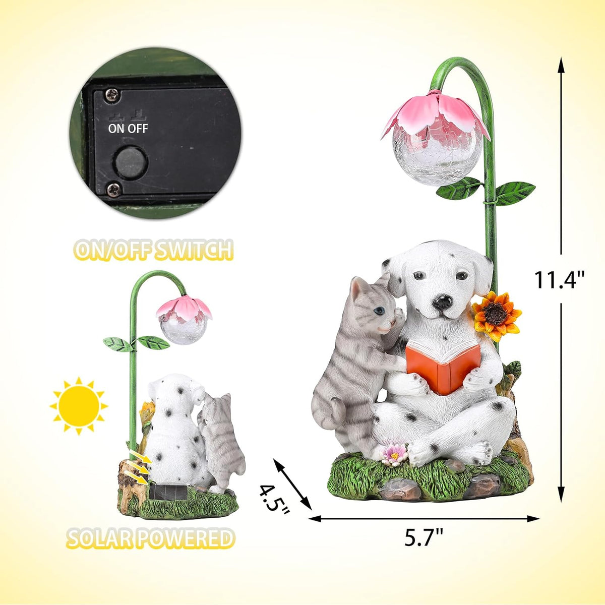 Dog And Cat Solar Garden Light, Cute Resin Figurine with Reading Scene