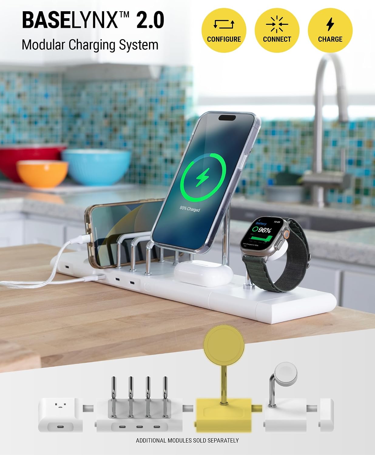 Scosche BL2MSiQWT-AP BaseLynx™ 2.0 2-in-1 Modular Charging Station with MagSafe, 15W Fast Wireless Charging Phone Stand Compatible w/Apple iPhone 15/14/13/12 Series, 5W Charger Pad for AirPods, White