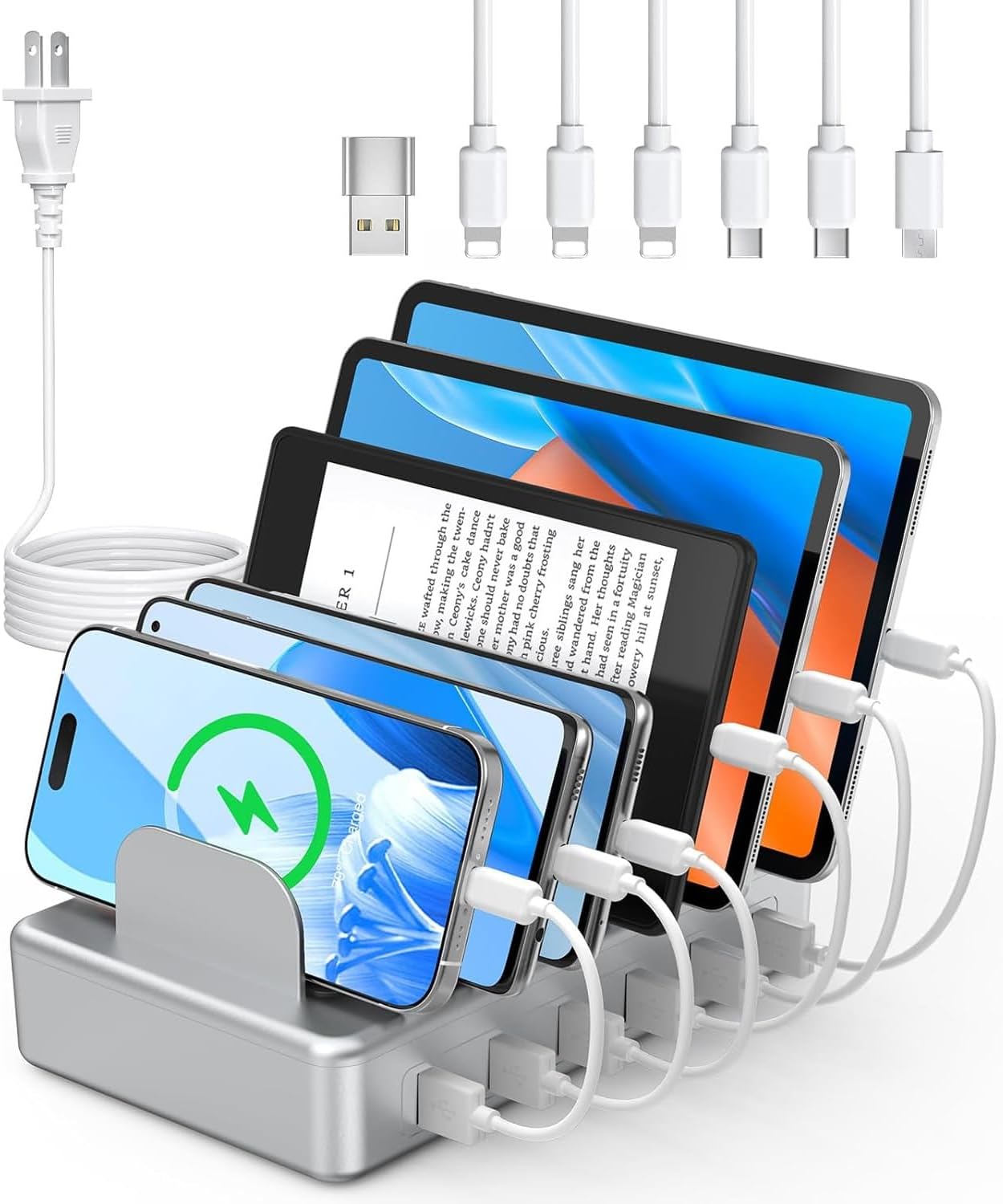 50W Charging Station for Multiple Devices, 6 Port Multi USB Charger Station | with 6 Cables,1 USB-A to USB-C Adapter Converter, Compatible with iPhone,iPad Kindle Tablet and Other Electronic（White)