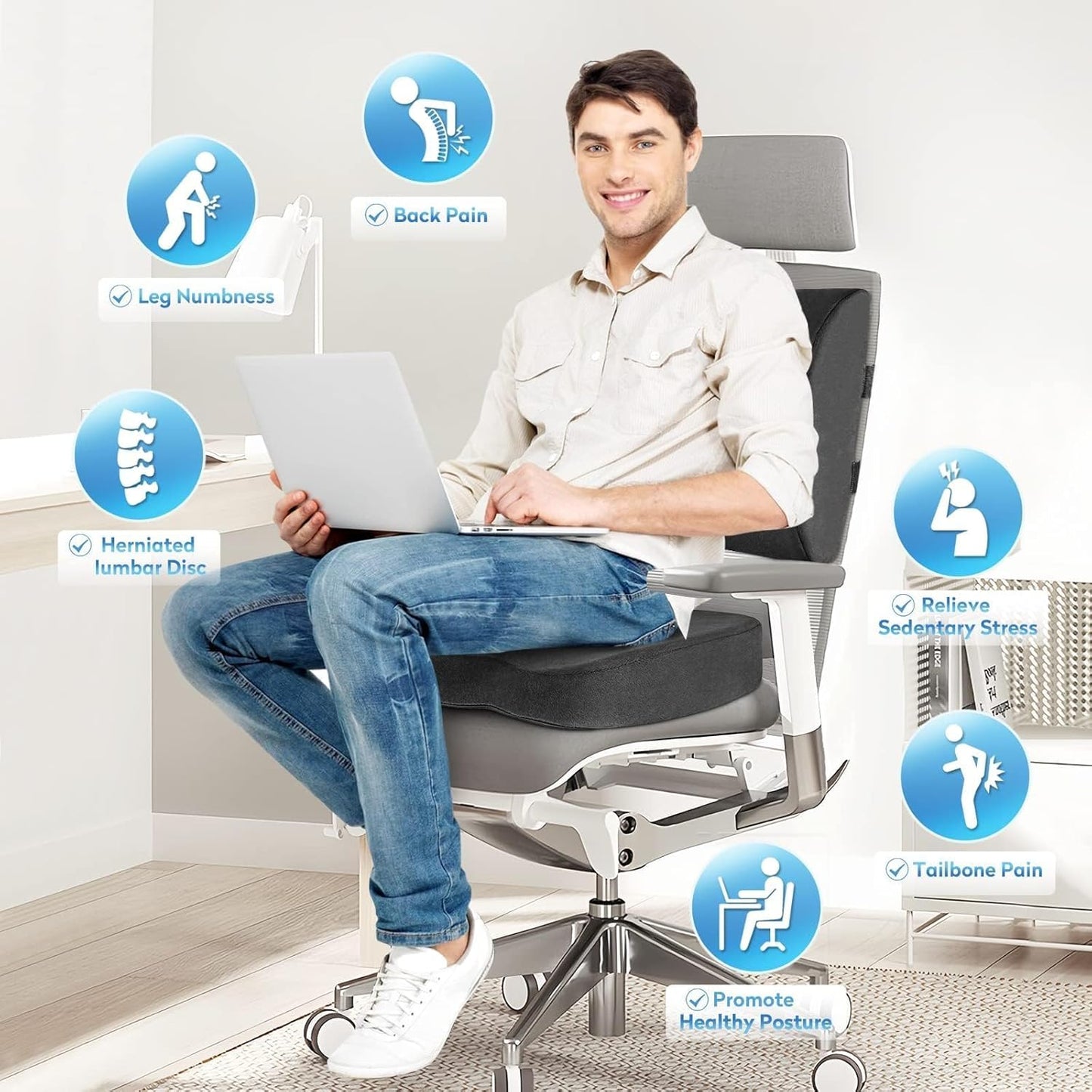 CloudBliss Lumbar Support Pillow & Seat Cushion Set for Office Chair, Desk Chair, Wheelchair & Car – Memory Foam Back Support, Ergonomic Chair Cushions, Sciatica Pain Relief, Home Essentials, Grey