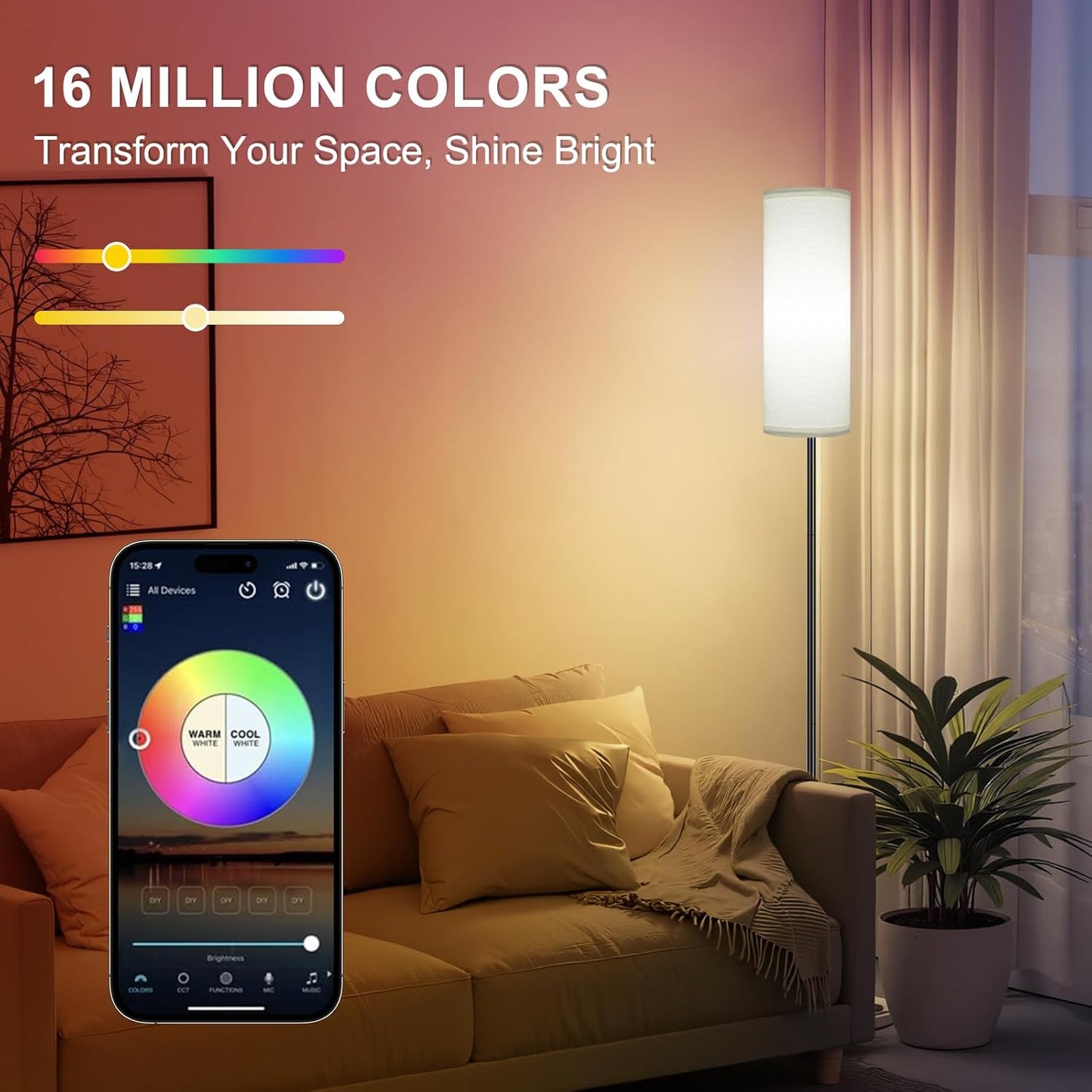 FRIDEKO HOME Floor Lamp, Color Changing Ambient Lighting for Living Room & Gaming Decor, Smart Standing Lamp with App & Remote Control, Tall Corner Lamp for Bedroom, 9W 800LM, Foot Switch, White Shade
