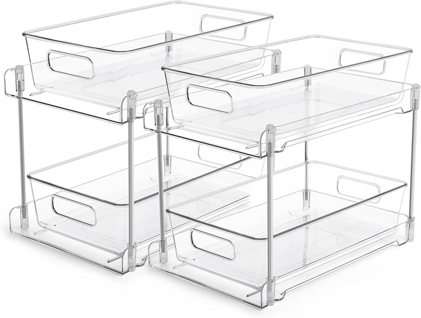 Vtopmart 2 Pack Bathroom Organizer, 2 Tier White Under Sink Organizers Vanity Countertop Storage Container,Cabinet Drawers Bins, Pull-Out Organization with Track for Pantry, Kitchen