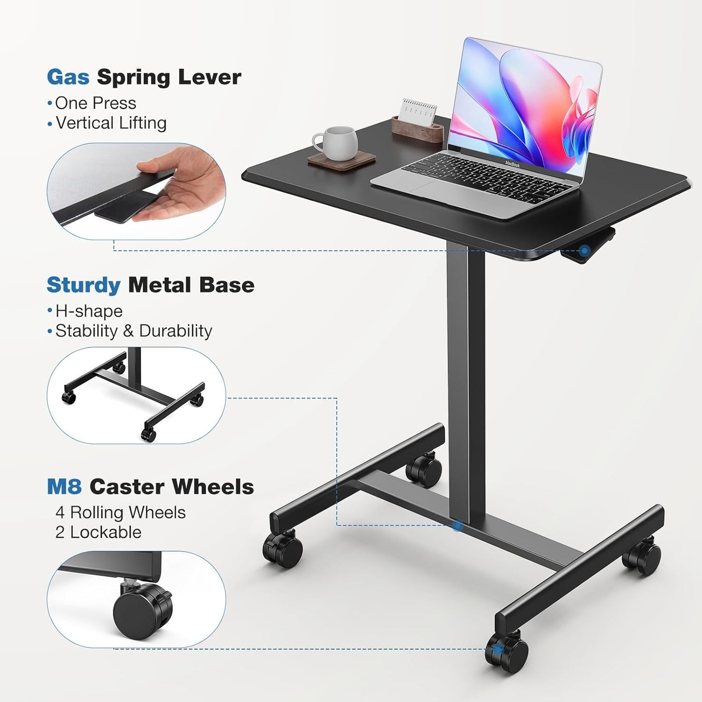 OLIXIS Mobile Rolling Desk with Wheels Small Standing Laptop Desks Portable Pneumatic Adjustable Height Sit Stand Table Computer Workstation for Home Office Black