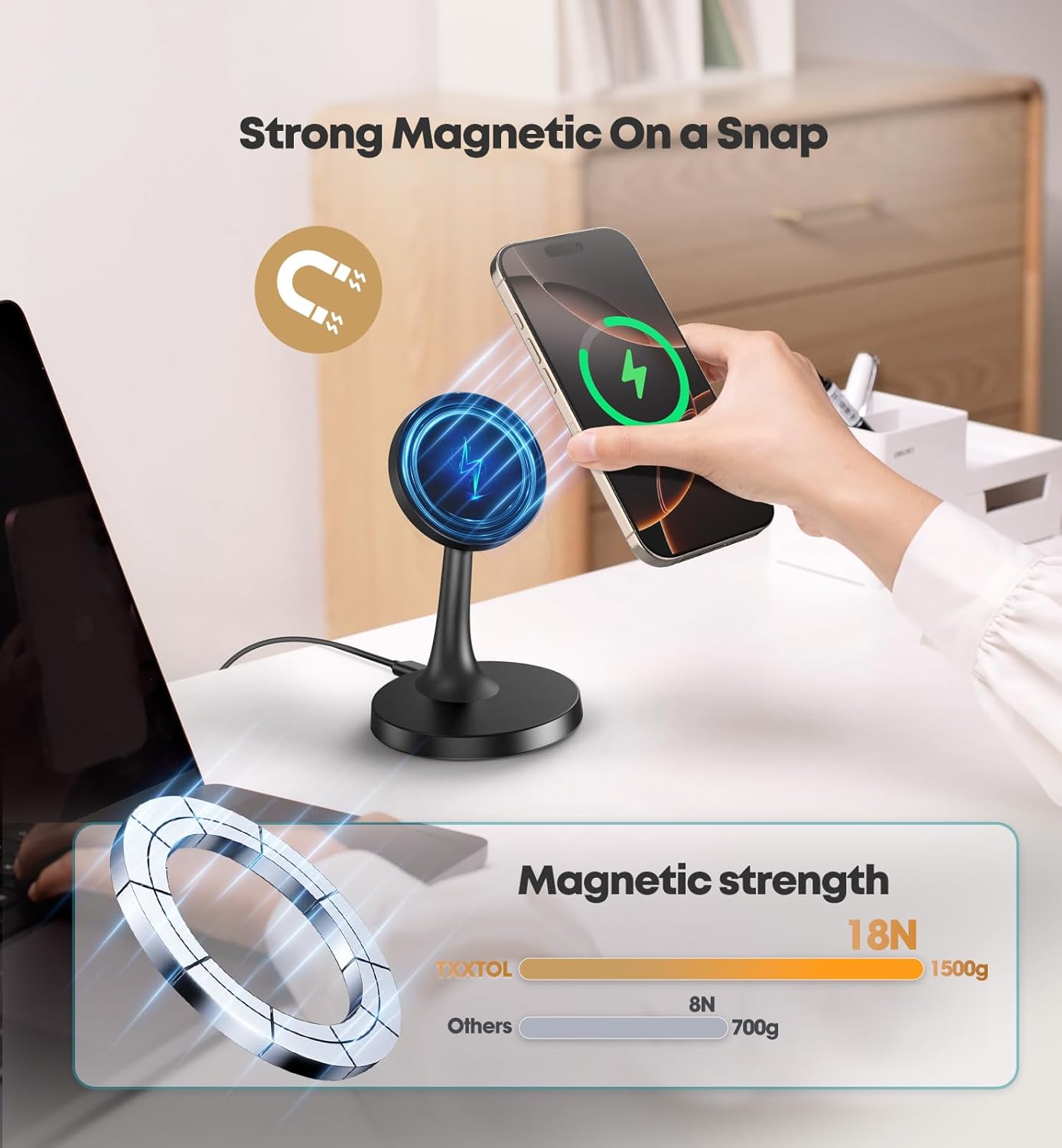 Magnetic Wireless Charger iPhone Stand 15W Fast Mag-Safe Charger for iPhone 17/17 Pro/17 Air/17 Pro Max 16/15/14/13/12 Series Apple Magnet Wireless Charging Station/Pad for AirPods