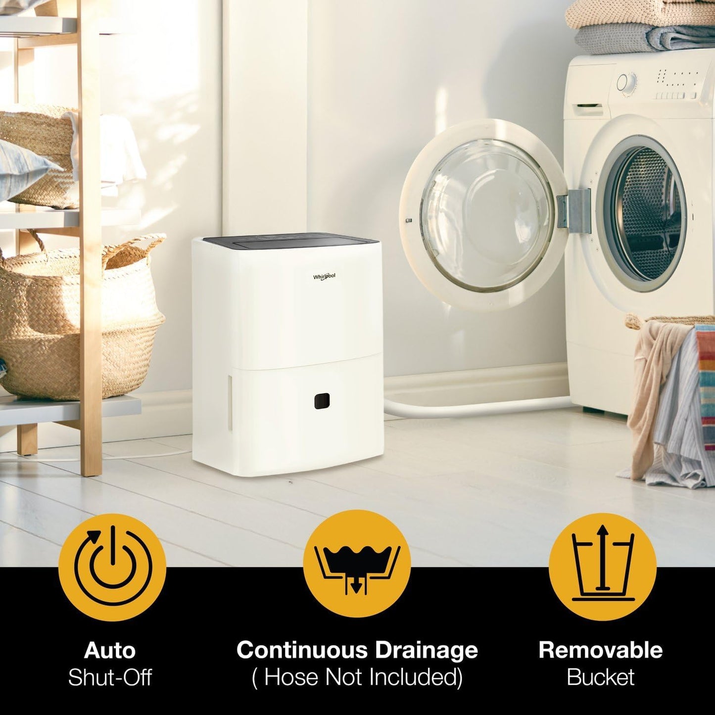 Whirlpool 50 Pint Energy Star Certified Dehumidifier in White, Compact Quiet Efficient Humidity & Moisture Absorber for Home, Bathroom, Bedroom, Living Room, Garage, Attic, Crawl Space, Whole Home