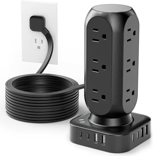TenTrend Power Strip Tower, 4.8A Fast Charging Tower, 10 FT Extension Cord | 12 AC Outlets & 8 USB Ports (4USB-C), Flat Plug Charging Station for Home, Office, Dorm Room