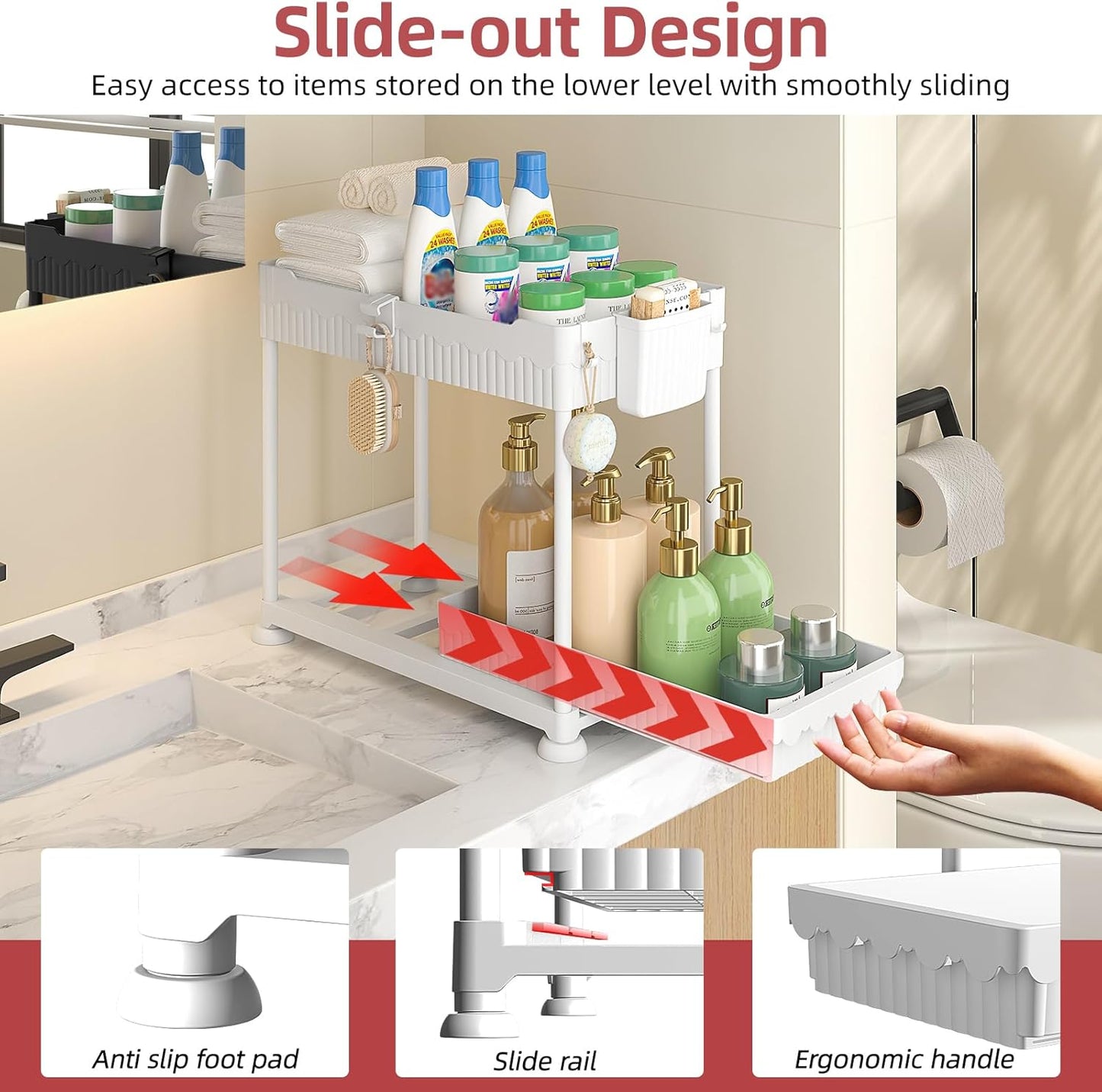 Sevenblue Under Sink Organizer, Bathroom Organizers and Storage, 2 Tier Multi-Use Pull Out Cabinet Organizer with Hang Hooks and Cups (White, 4 Pack)