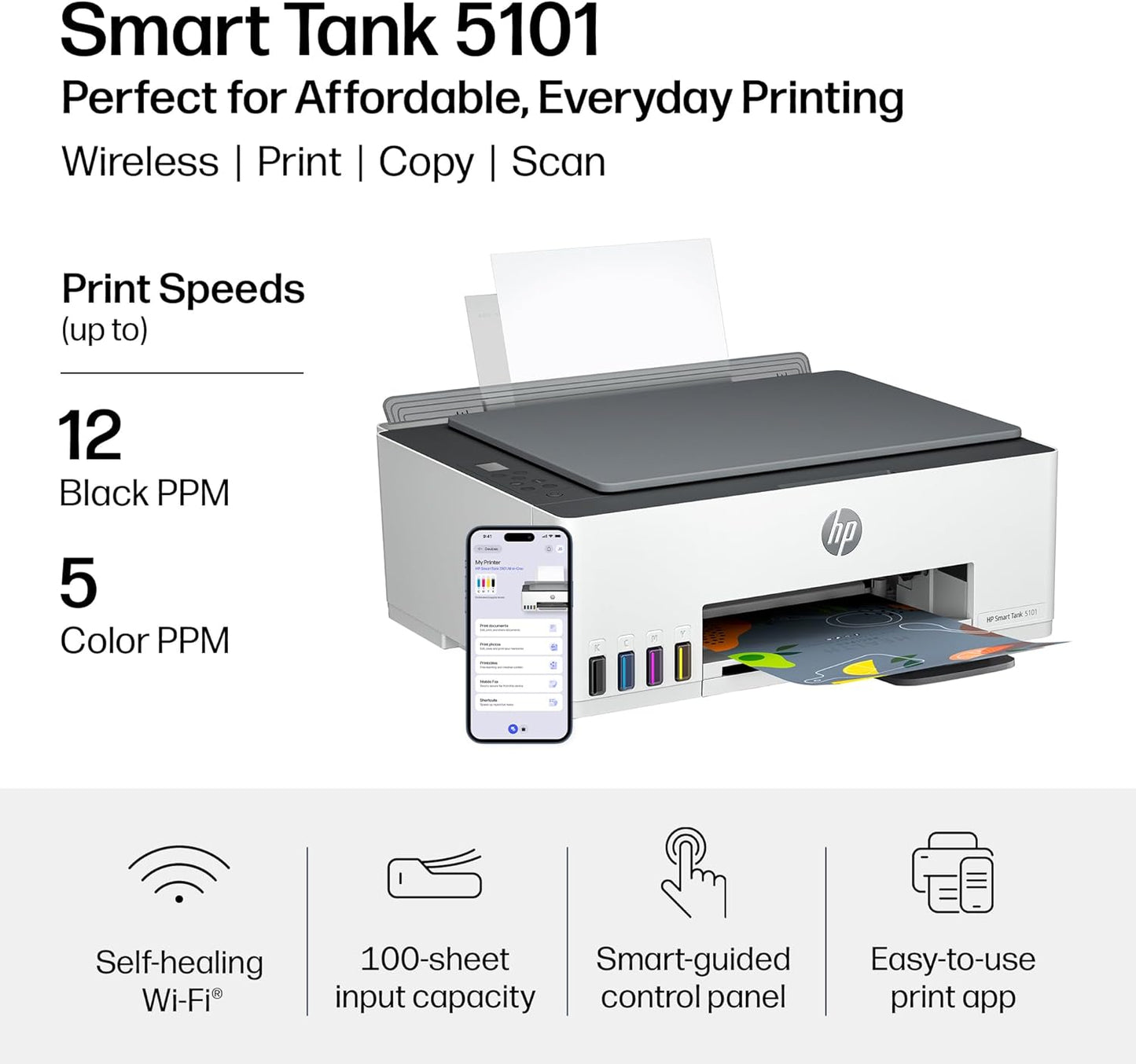 HP Smart Tank 5101 Wireless All-in-One Refillable Printer, Scanner, Copier with 2 Years of Ink Included, Wireless (2.4ghz only) Printer-for-Home use (1F3Y0A)