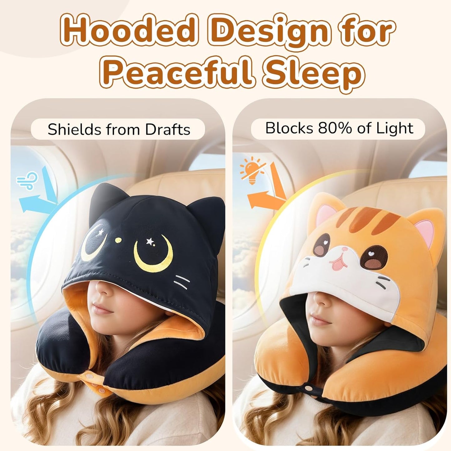 Certified to ASTM & CPSIA Standards–Kids Travel Neck Pillow with Hood,Memory Foam Airplane Pillow,Double-Sided, Cute Design, Cooling Ice Silk & Soft Plush, Adjustable, Portable & Washable for Flights