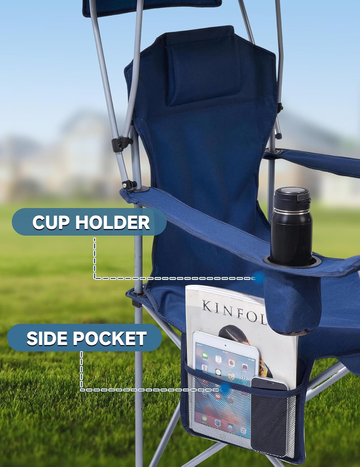 East Oak Camping Chair with Canopy | 25" High Back Folding Beach Chair with Canopy Shade, Supportive Headrest, Cup Holder, Side Pocket, 330 lbs Canopy Chairs for Outdoors Sports