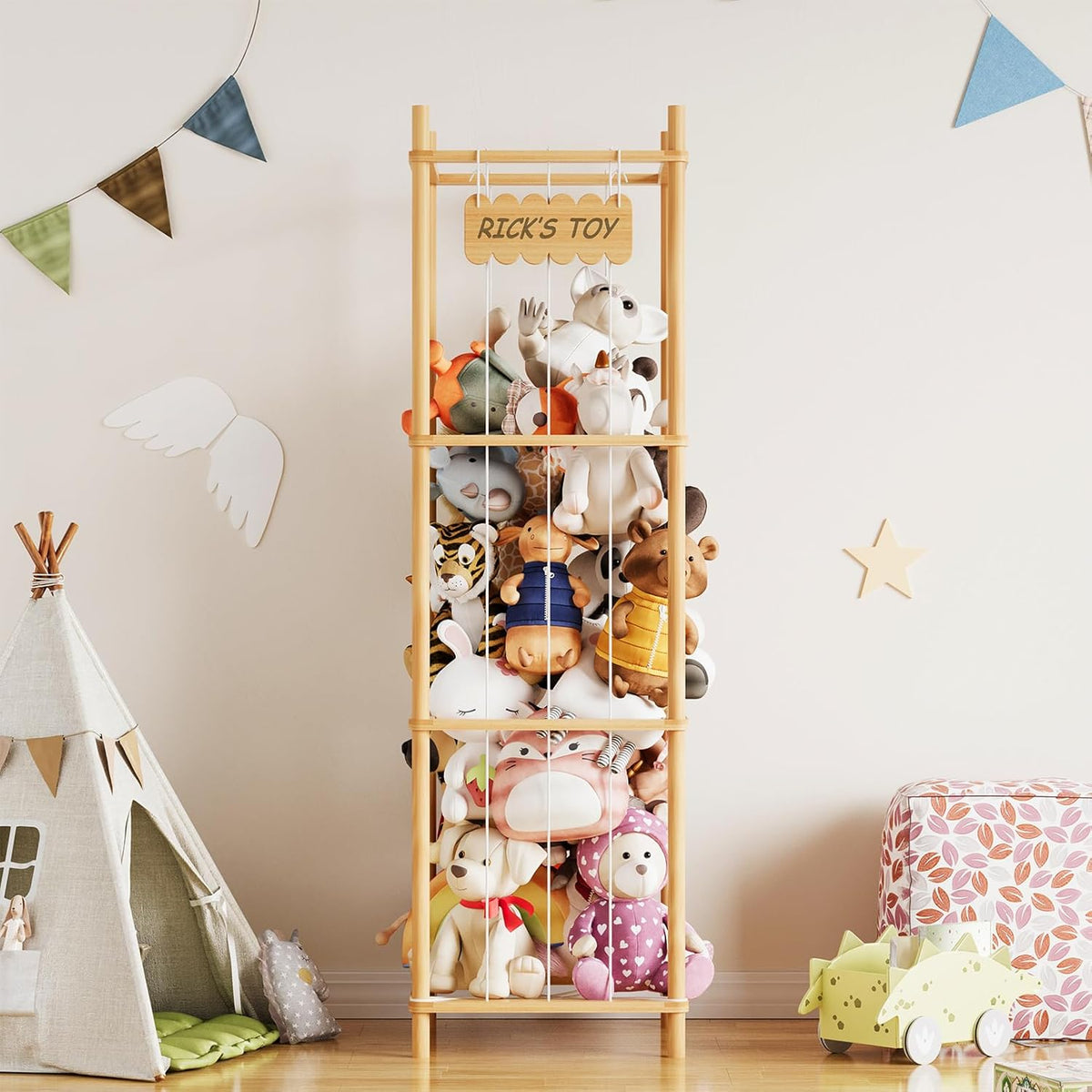 SpaceAid Stuffed Animal Storage Organizer, Wood Animals Zoo Toy Plushies Storage Holder, Large Capacity Plush Toy Cage for Playroom Organization, 15.8" Wide, Natural
