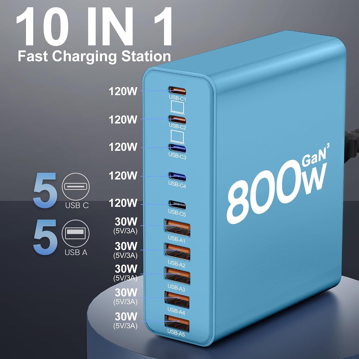 800W USB C Charger Block,10-Port Charging Station | Aexhend GaN Fast Charging Type C & USB A Wall Charger Adapter for MacBook Pro/Air,iPhone,iPad,Dell XPS,Samsung Galaxy(Blue)