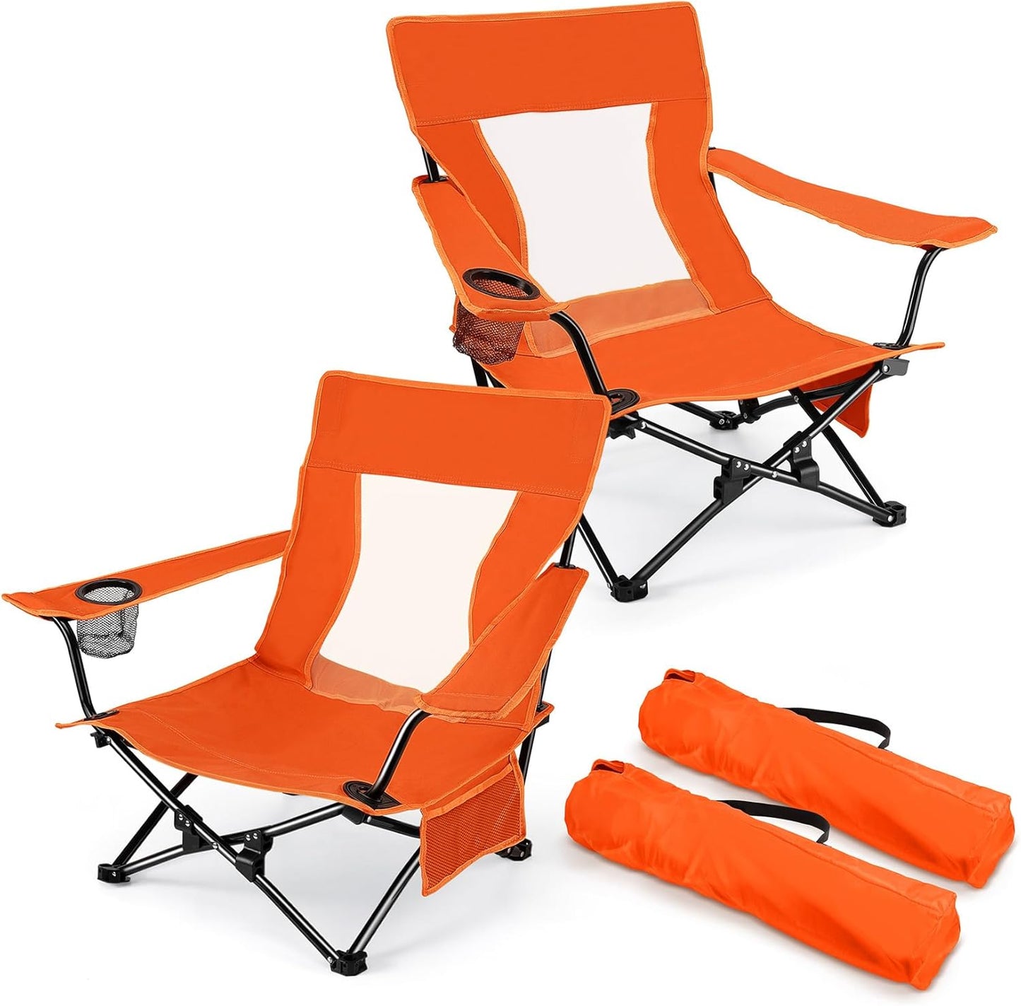 Joyfair Beach Camping Chair (2 Pack), Outdoor Folding Chair for Adults, Heavy Duty Portable Chair for Outside Fishing, Lawn, Sport, Patio, Armrest Cup Holder & Storage Pocket, Carry Bag (Orange)