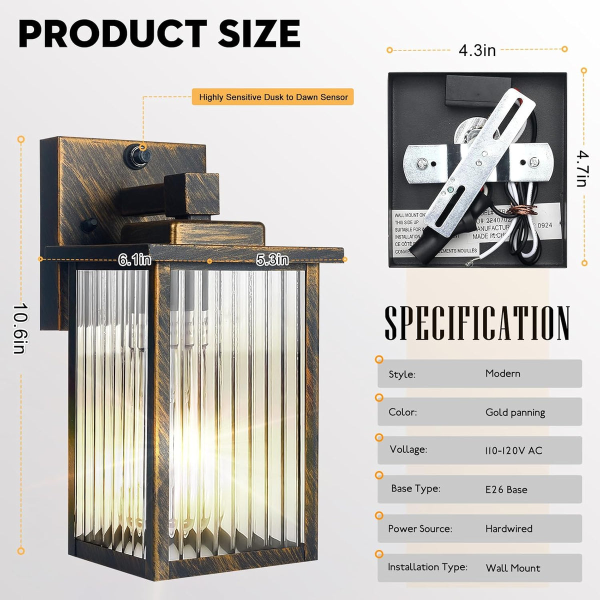 Outdoor Wall Light with Dusk to Dawn Sensor, Waterproof Exterior Light for House Porch and Garage, Black Brush Gold Metal Wall Sconce with Textured Glass