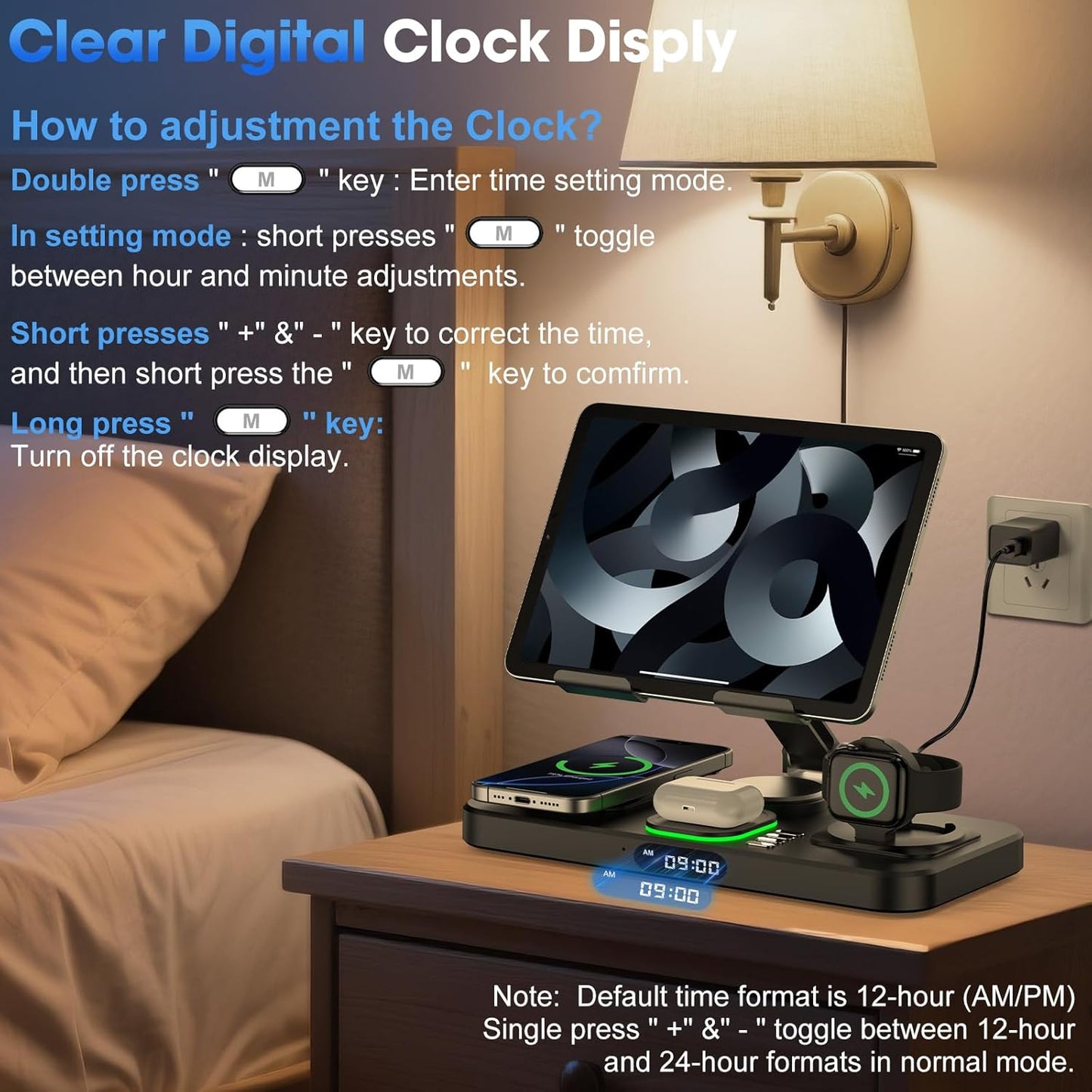 6 in 1 Wireless Charger for Apple Multiple Devices, Charging Station with Clock &7 Color Ambient Light, Foldable Rotate Stand for iPad, for iPhone17/16/15, Support for Apple Watch11/10 For AirPods4