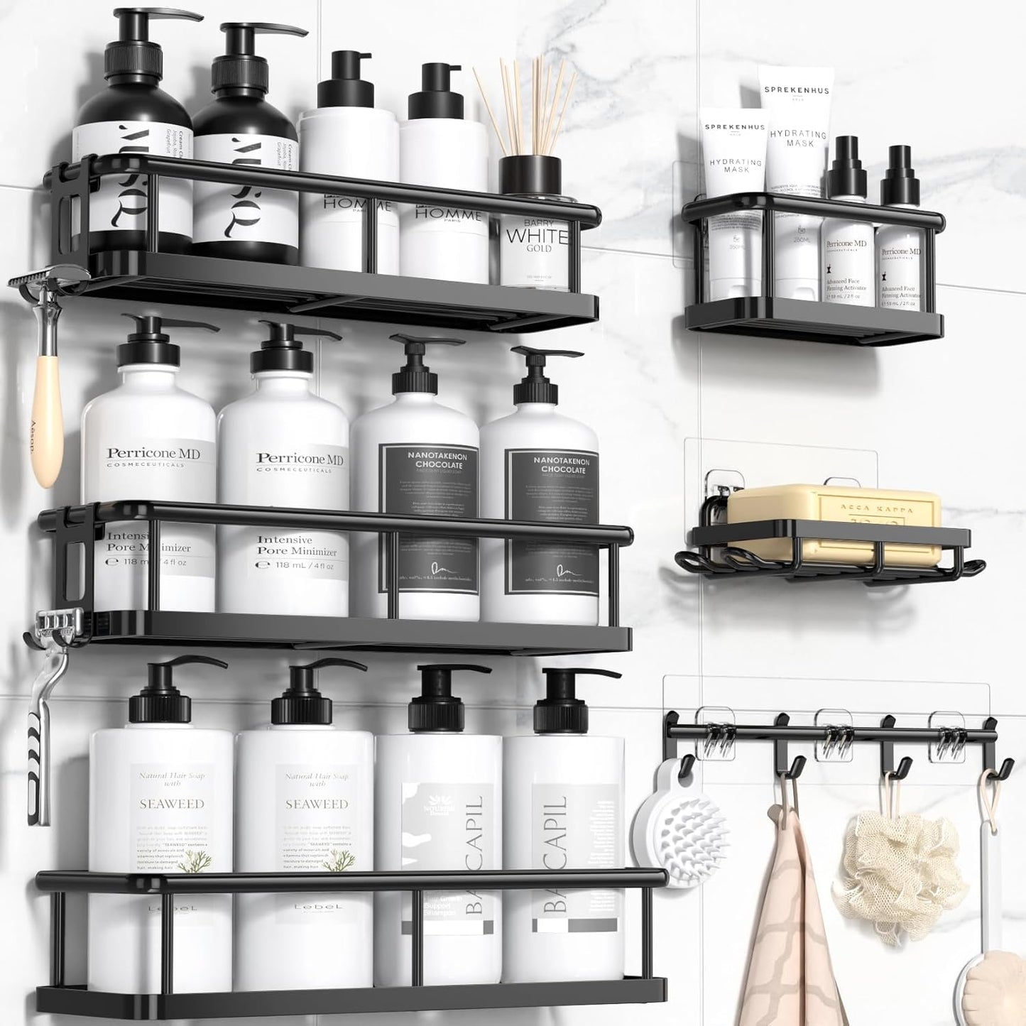 YASONIC Shower Caddy Adhesive, 100% Rustproof Shower Organizer with Soap Holder, Large Capacity Shower Shelves for Inside Shower, No Drilling Bathroom Organizers and Storage for Home Decor 6 Pack