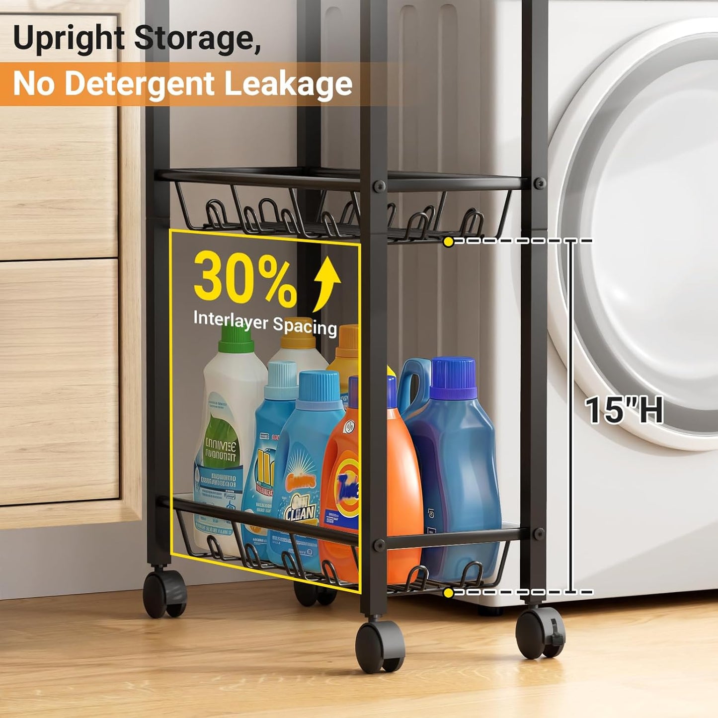 AOODA Laundry Room Cart with Top Detergent Holder, Metal Rolling Storage Cart Between Washer and Dryer, 3 Tier Narrow Laundry Room Organization and Storage with Wheels (Pure Black)