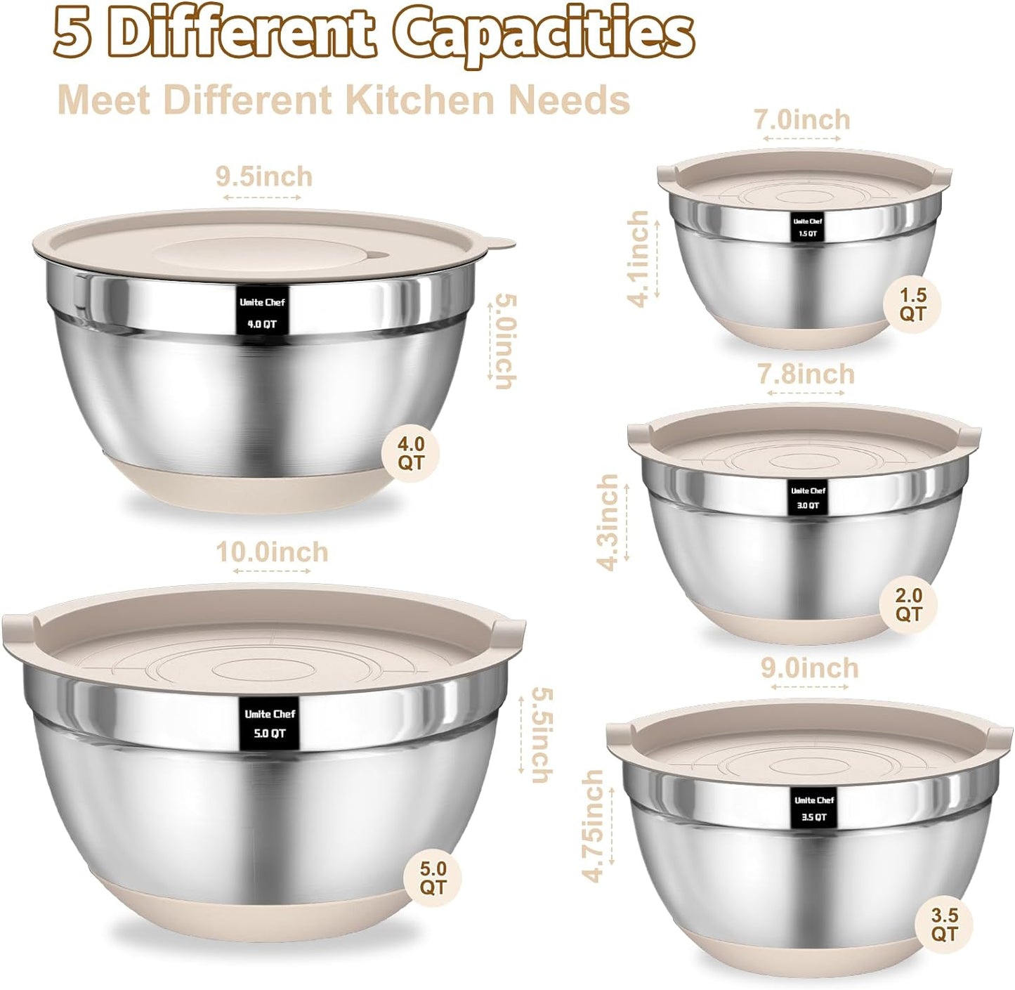 Umite Chef Mixing Bowls with Airtight Lids Set, 8PCS Stainless Steel Nesting Bowls with Grater Attachments, Non-Slip Bottoms, 5, 4, 3.5, 2, 1.5QT for Mixing & Serving