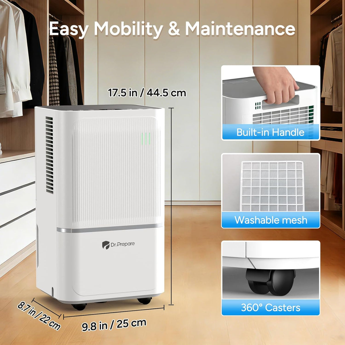 DR.PREPARE 2600 Sq.Ft Energy Star Dehumidifier, Max 38 Pints, Dehumidifier for Basement, Bedroom, bathroom with Drain Hose, Intelligent Humidity Control, Dry Clothes, 3 Modes, Sleep Mode, 24H Timer
